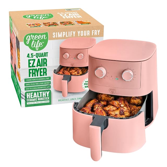 GreenLife 4 5QT Air Fryer Mechanical Dial Controls PFAS-Free Ceramic Nonstick Drawer Adjustable Temp Timer LED Indicator Oil-Less