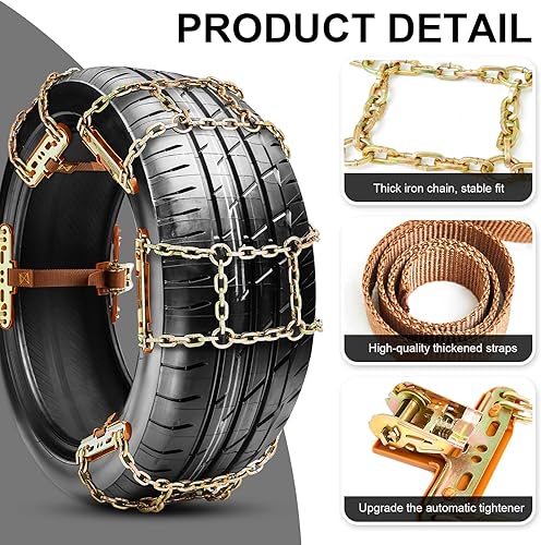 Miniatura 5 de Datanly Cadenas de nieve ajustables para neumáticos para SUV, camioneta, ajuste rápido, cadenas de neumáticos de fácil instalación, cadenas gruesas