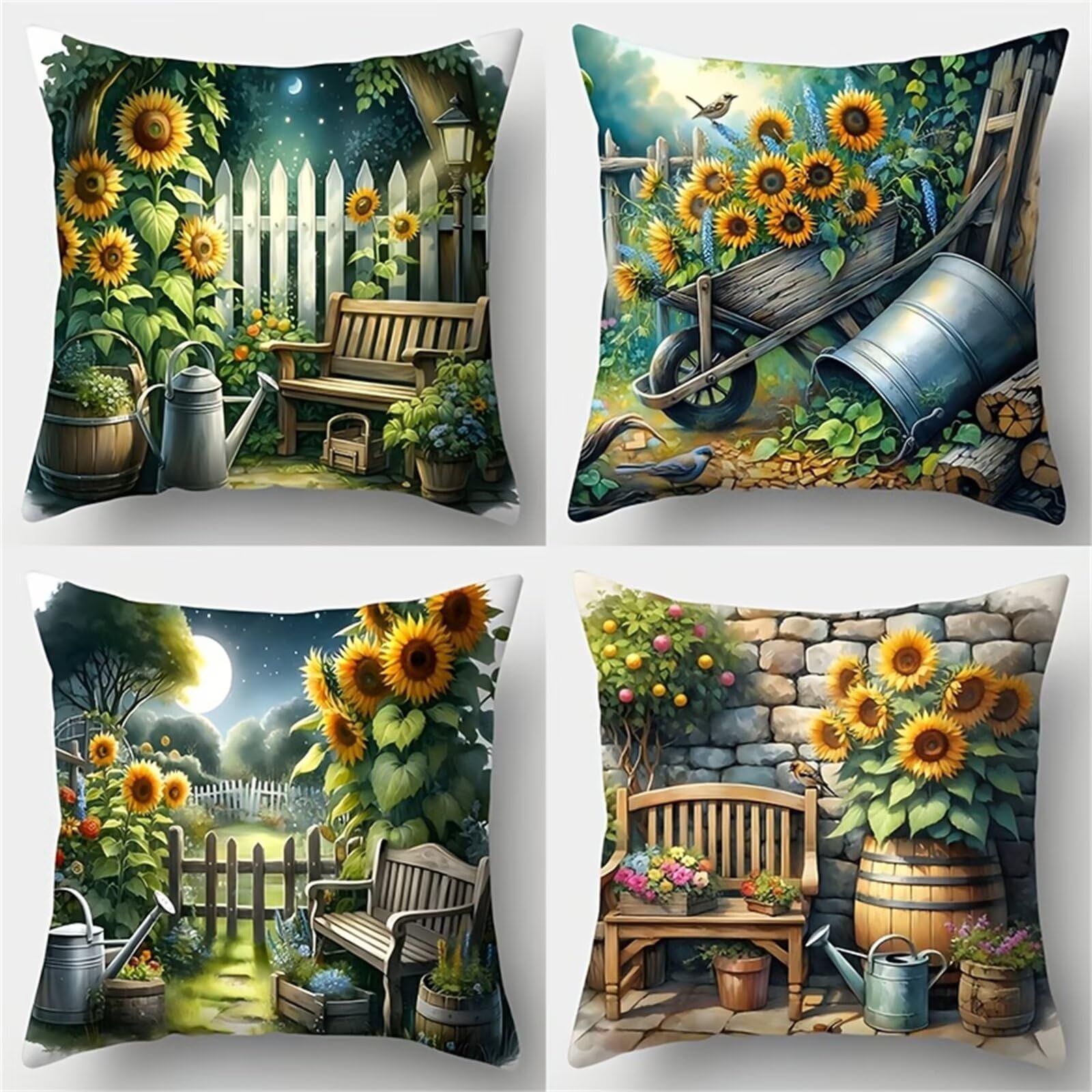 Heaen Colorful Outdoor Cushions Covers Waterproof 55X55 Cm Set Of 4 Square Linen Pillow Cases Garden Sunflowers Decorative Dushions For Sofa Porch Patio Home Decor