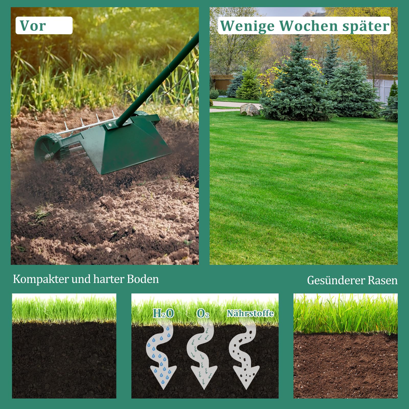 COSTWAY Rasenlüfter Walze, Rasenrolle mit Stiel & 3cm Nägeln & Spritzschutz, Handvertikutierer rollend, Rasenbelüfter manuell, Vertikutierer Rasenwalze für Garten Rasen Hof, 46 x 23 x 127 cm, Grün