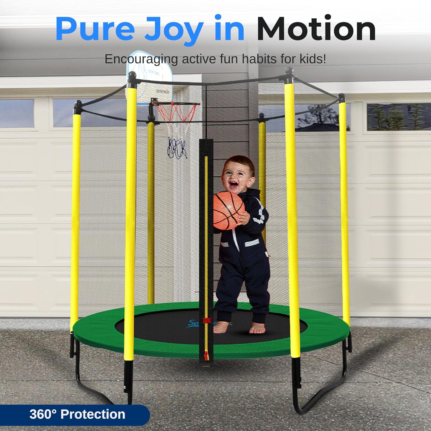 SereneLife 5FT Outdoor & Indoor Trampoline for Kids – Durable Mini Toddler Trampoline with Net Enclosure & Basketball Hoop - Supports 176 lbs, 60"x76"