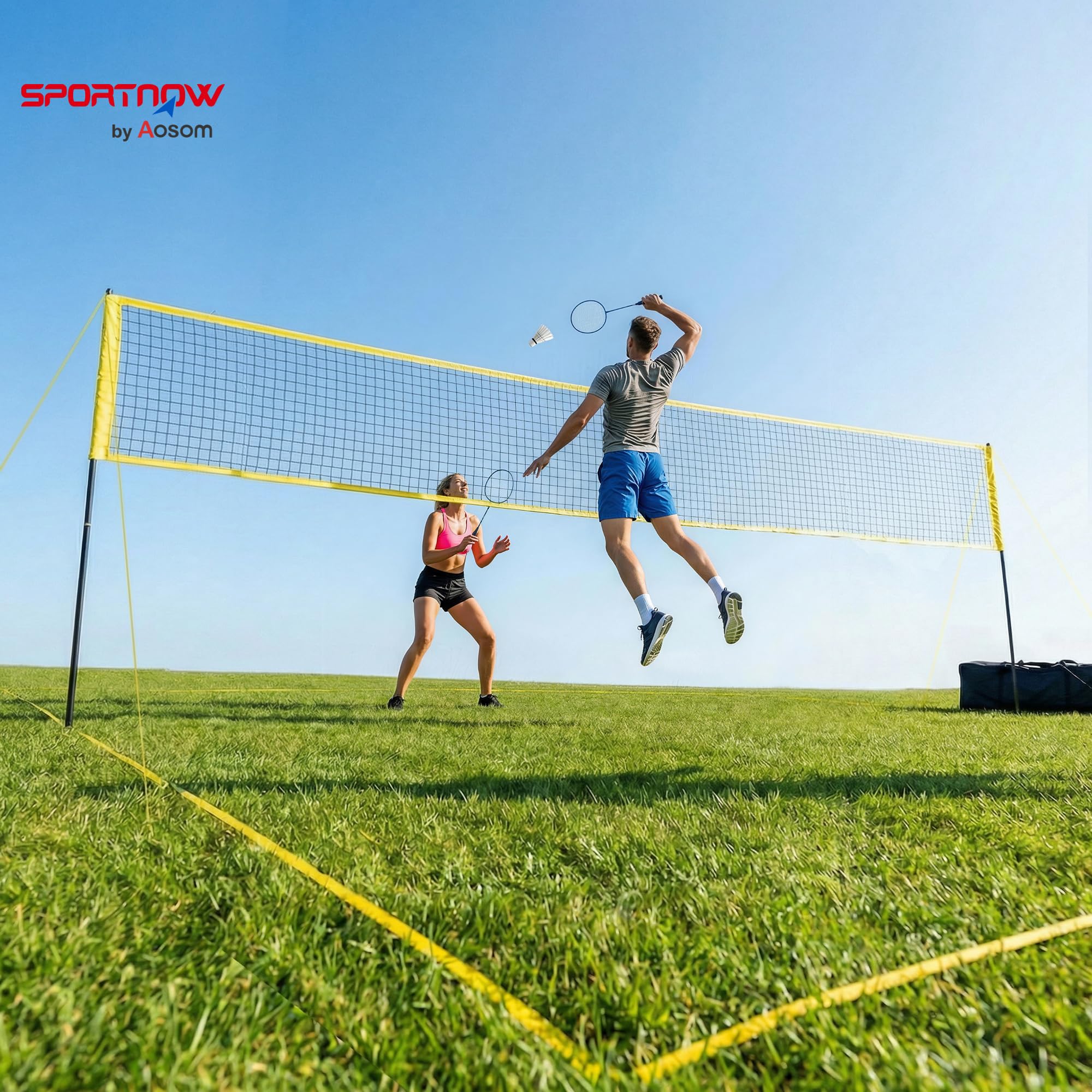 SPORTNOW Set di pallavolo e Badminton, pali in acciaio regolabile in altezza, pallone da pallavolo, rete Badminton portatile, 4 racchette da neve, 4 volant, borsa per il trasporto, per prato spiaggia