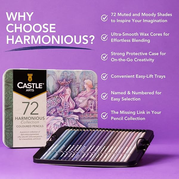 Castle Art Supplies 72 Harmonious Colouring Pencils Set | Wax Based Colouring Pencils with Soft Core for Professional Mixing | Unique Muted and Atmospheric Palette for Adult Artists - 3