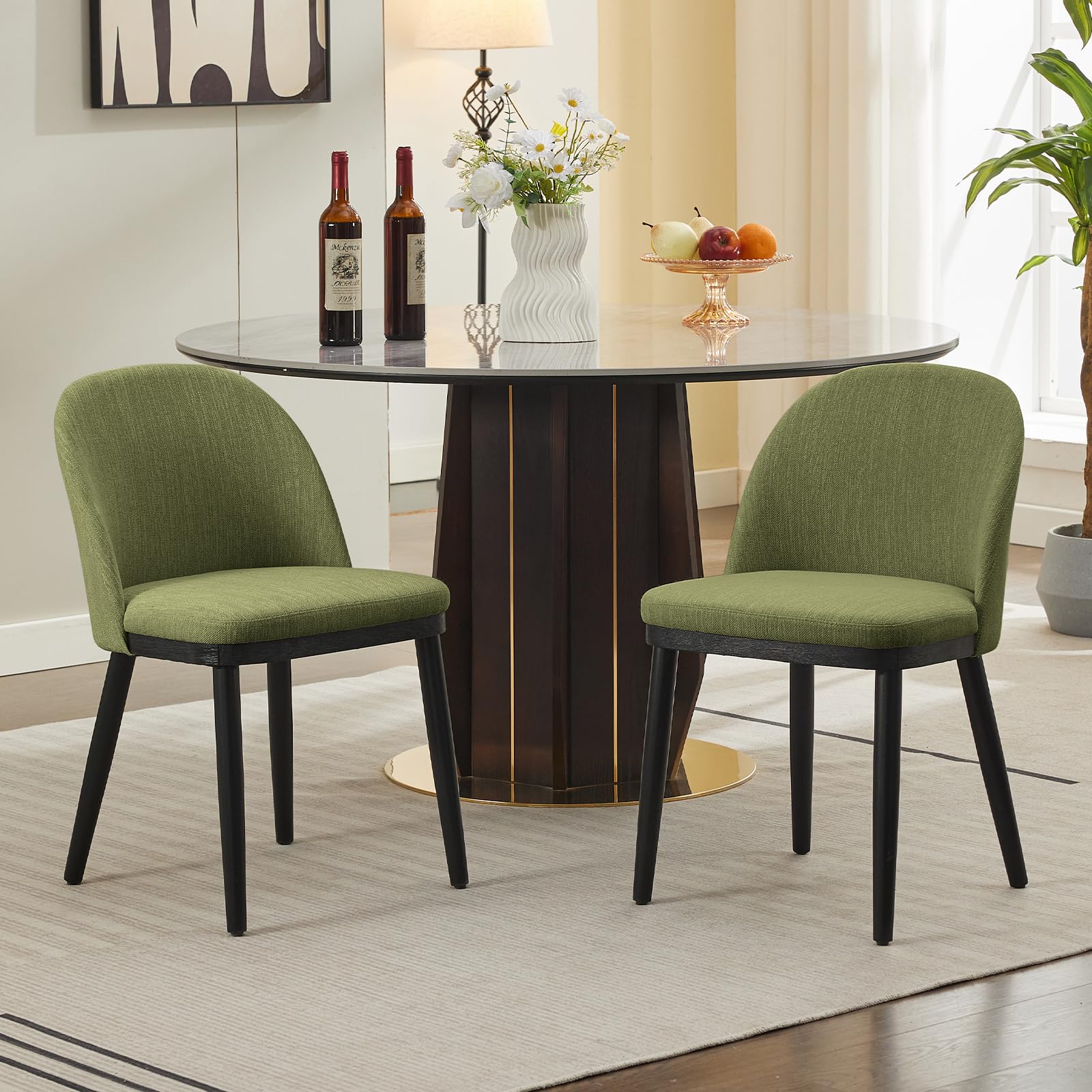 Esszimmerstühle 2er Set, Küchenstuhl Mit Atmungsaktivem Leinenstoff Und Stabilen Massivholzbeinen, Verstellbare Füße, Polsterstuhl Für Küche Esszimmer Wohnzimmer, Grün