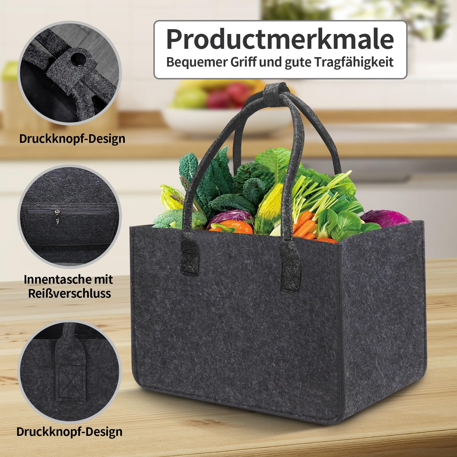 2 Stück 30L Filztasche Einkaufstasche, 40x27x27 cm Filztaschen Shopper mit Innentasche Einkaufskorb Faltbar Groß Tragetasche Filz Einkaufskörbe Stabile Henkel mit Verschluss, Dunkelgrau