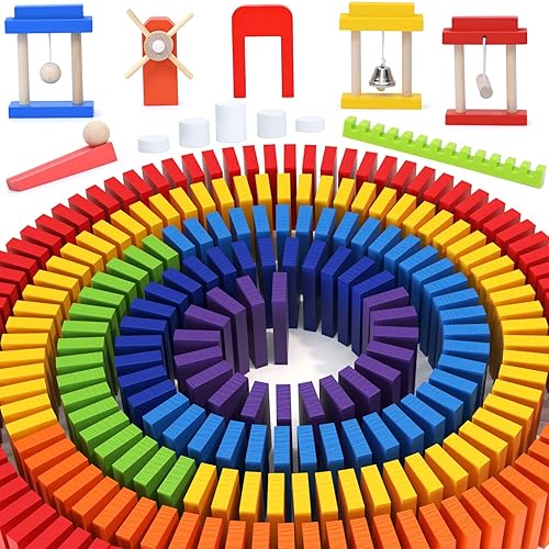 Atoylink Juego de 120 fichas de dominó para niños, bloques de construcción de madera, coloridos juegos de fichas de carreras para adultos con 8