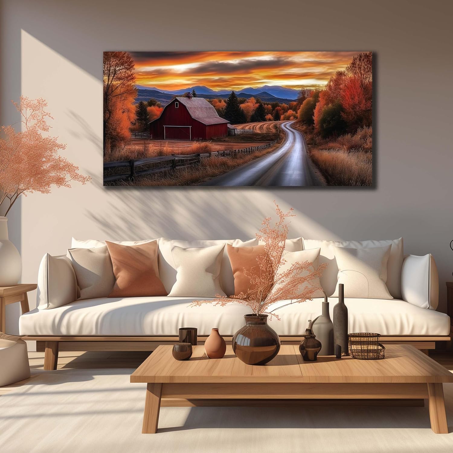 JuhaiArt Large Natural Wall Art Landscape Canvas Decor Fall Canvas Picture for Living Room Bedroom Red Barn Farmhouse Artwork 29" x 59"