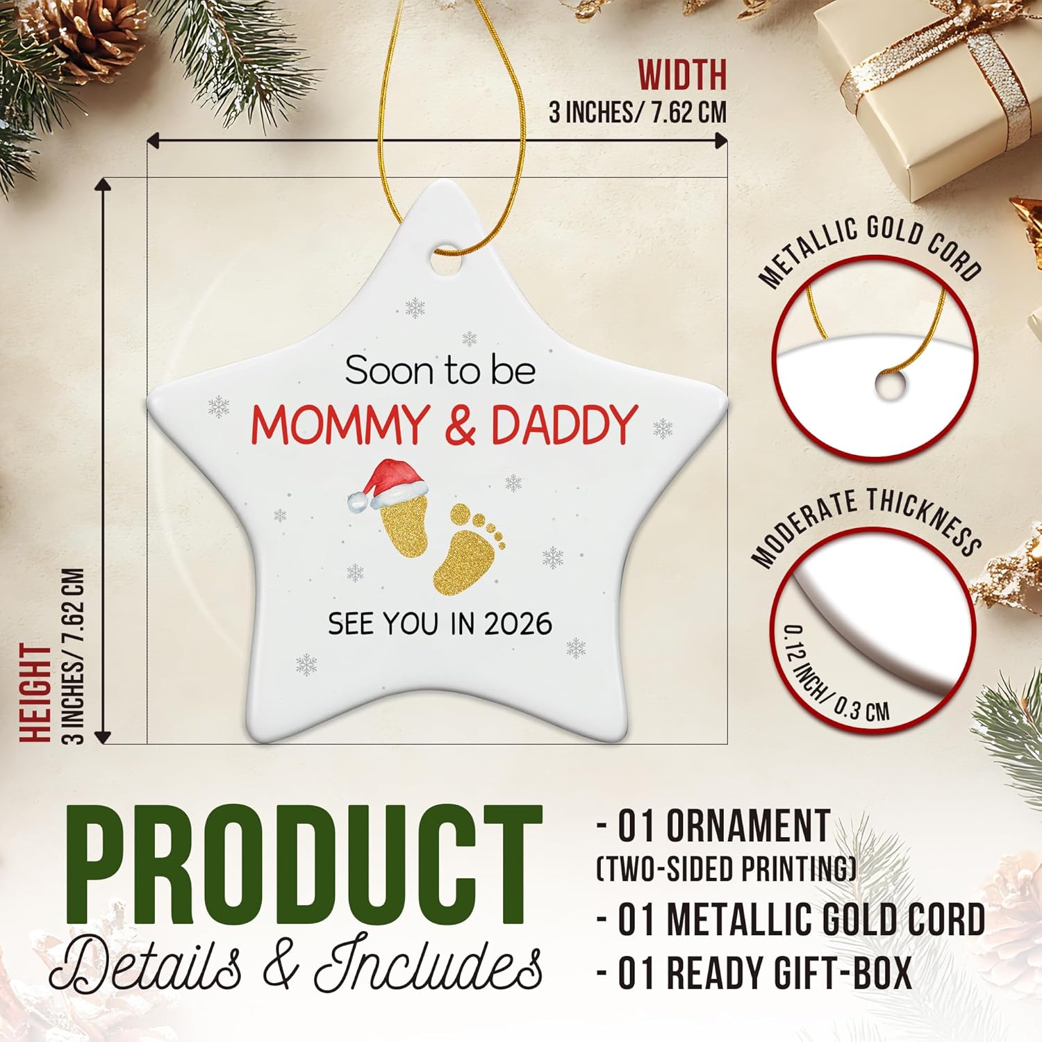 ZAGKOO Pregnancy Announcement Ornament - Baby Announcement Christmas Ornament for Parents to Be - Baby on The Way Keepsake for Expecting Mom and Dad - Ceramic Holiday Tree Decoration Mommy & Daddy 4