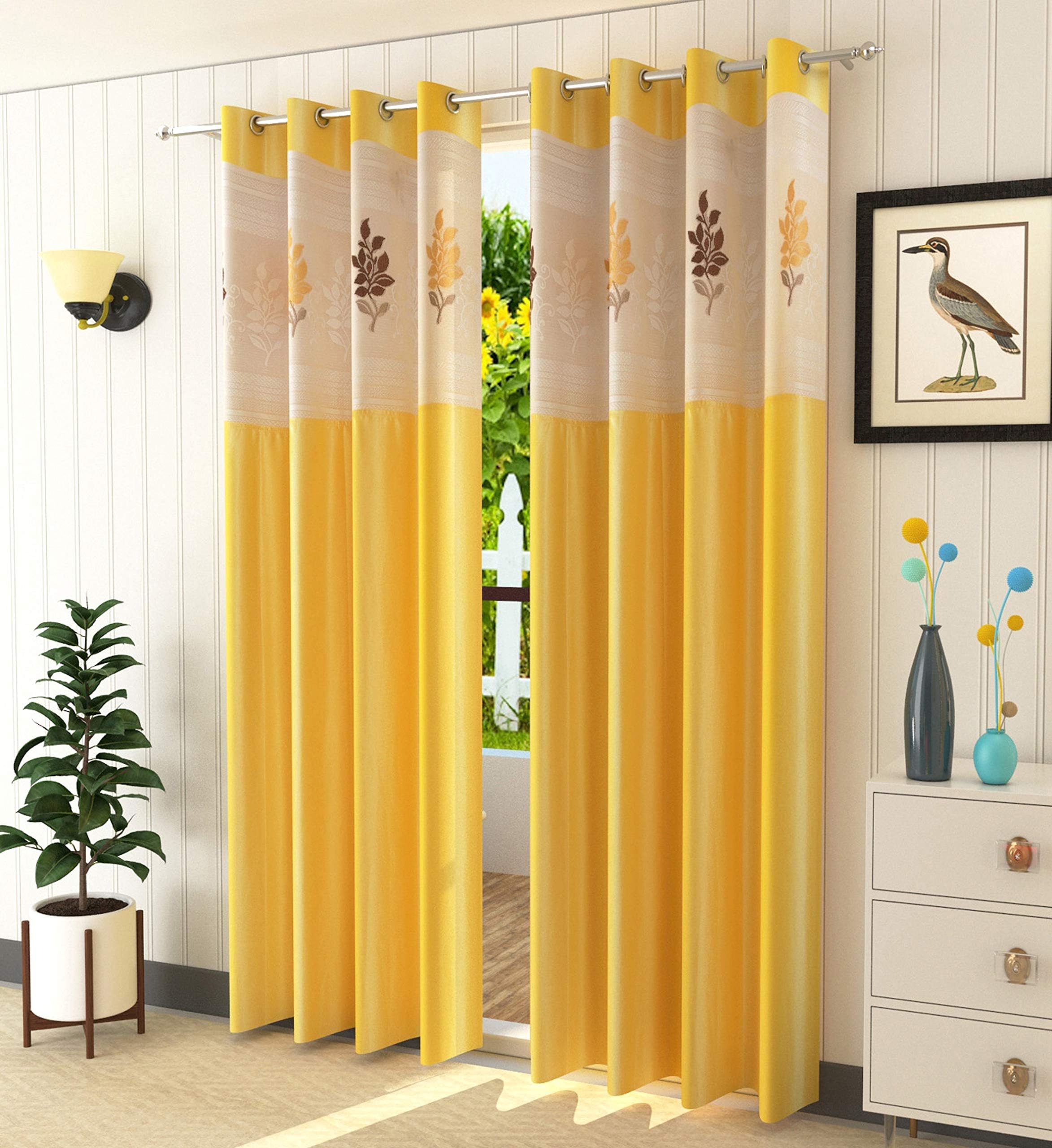 LaVichitra 2 Piece Premium Window Curtain with Floral Net - 5ft, Yellow