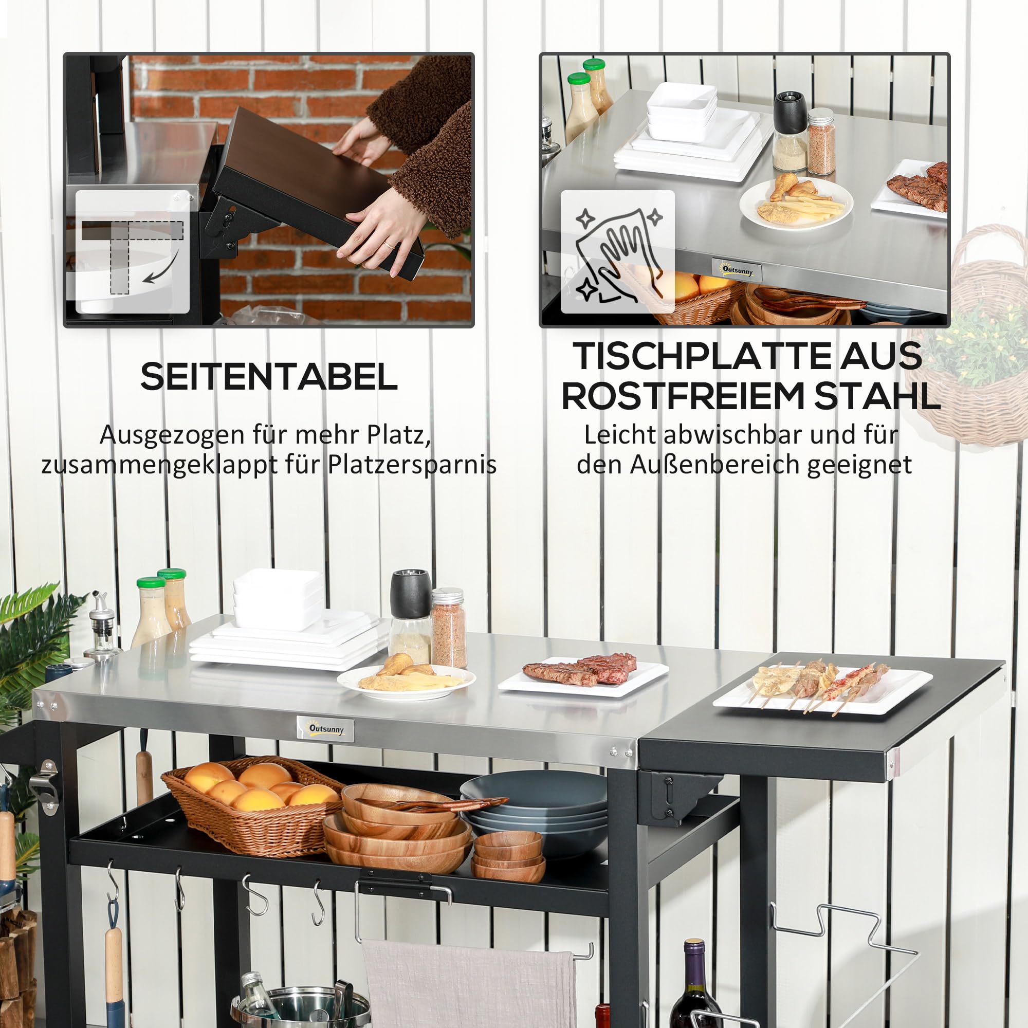 Outsunny Grillwagen Grilltisch mit klappbarem Beistelltisch, Servierwagen mit 3 Etagen, 6 Haken, Rollen, Weinregal, Grill Trolley mit Tischplatte aus Edelstahl für Outdoor, Schwarz