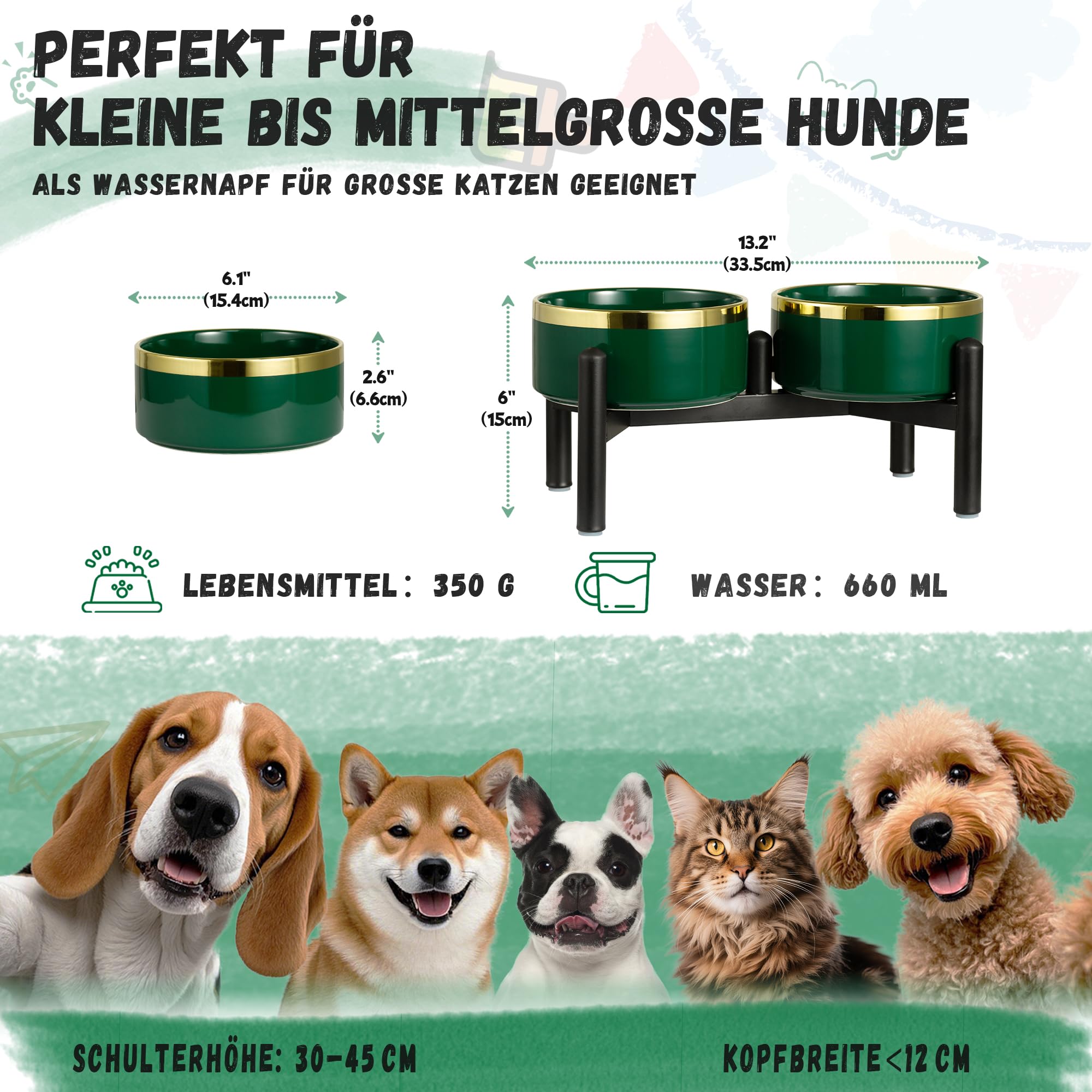 Keramik Hundenapf Erhöht mit Edelstahl-Ständer - Doppelnapf Futterstation für Kleine und Mittelgroße Hunde - rutschfest Hund Napf Set für Futter und Wasser - 350g / 660ml - 15cm - Gruen