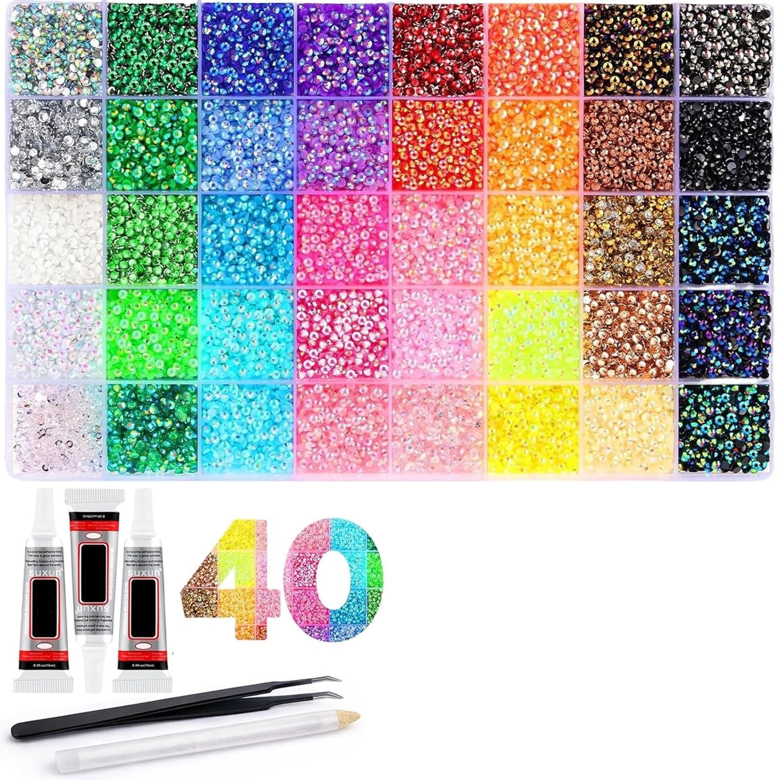 pluffy 40 Colors Colorful DIY 32000Pcs Resin Rhinestone Bedazzling Kit with Glue and Pen，Bedazzle kit，Flatback Gems Bedazzler Kit with 3Pcs 10ml Jewelry Glue for Nail Makeup (40 Color 32000pc)