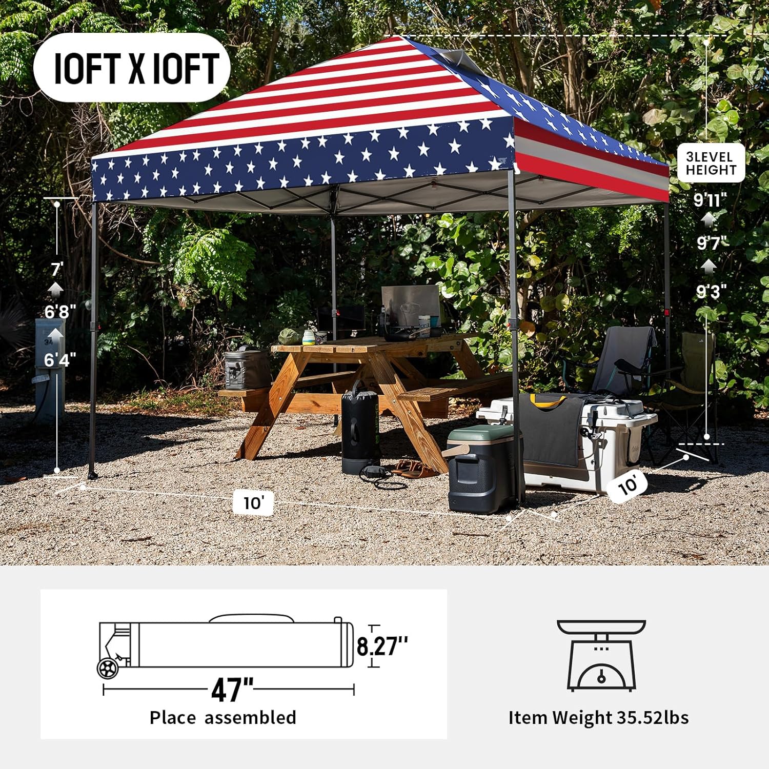 CROWN SHADES 10x10 Pop Up Canopy - Patented Center Lock One Push Instant Outdoor Canopy Beach Tent with STO-N-Go Bag 8 Stakes & 4 Sand Bags，American Flag