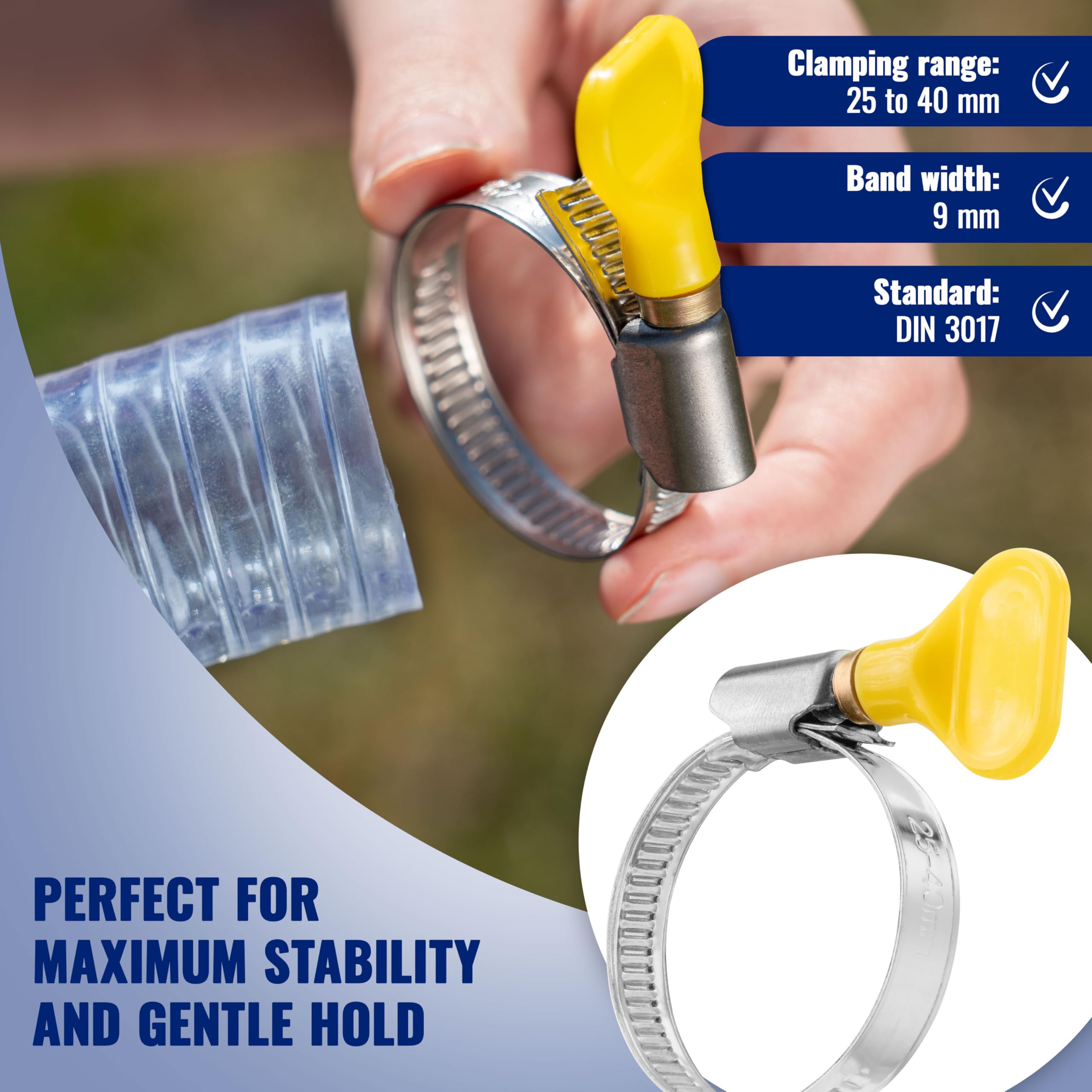 Poppstar 10x Hose Clamps with Wing Nut Stainless Steel, Clamping Range 25-40 mm, W2 Quality, Yellow, 10x (25-40mm) - Image 2