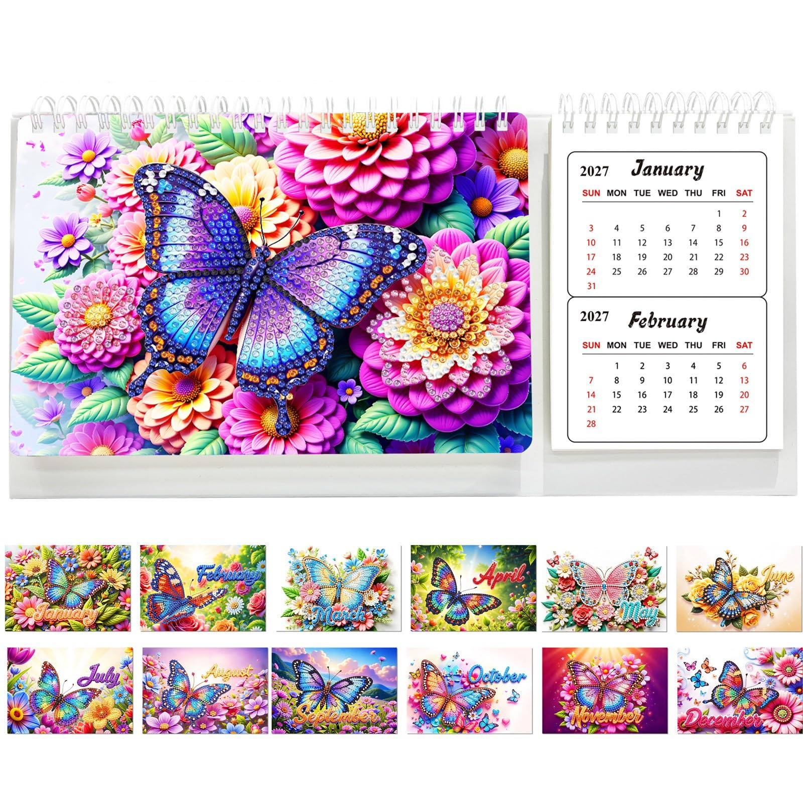 Lebartm DIY Diamond Art Desk Calendar for Adults Beginners 2027 to 2028 Two Year Gemstone Painting Art Crafts 24 Month Flipping Standing Calendar Home Office Planning-Butterfly