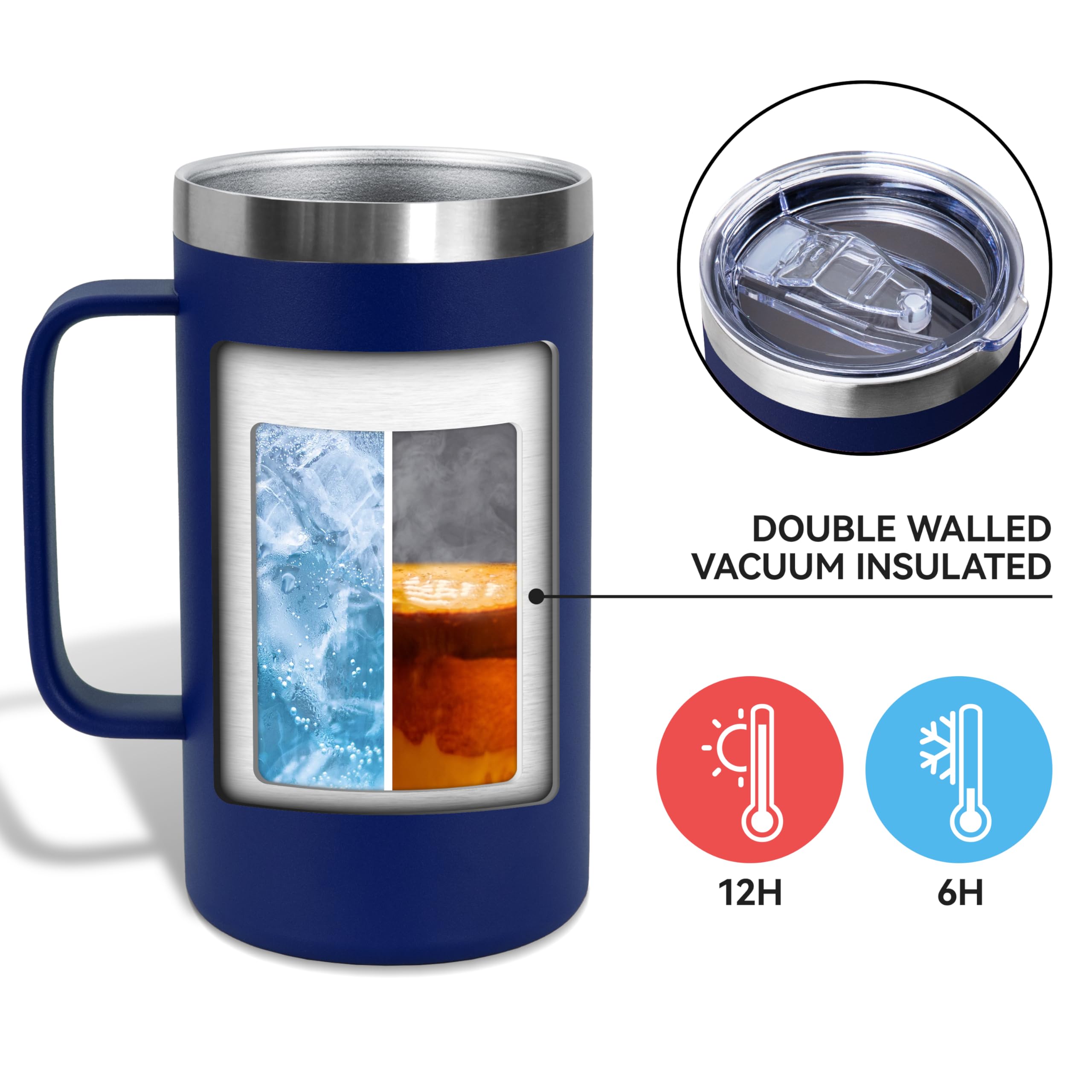 DOMICARE Taza de café de acero inoxidable de 24 onzas con asa y tapa, taza de viaje con asa, vaso de café al vacío de doble pared, taza aislada reutilizable, azul marino, paquete de 8