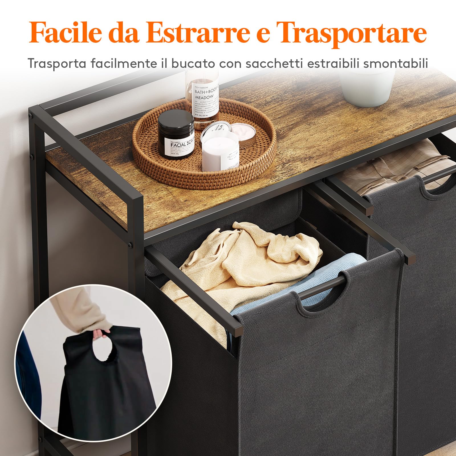 Lifewit Cesto Portabiancheria con Ruote, Mobile Biancheria Sporca con Sacco Porta Biancheria in Tessuto Oxford e Ripiano in Metallo per Lavanderia, Camere da Letto, Bagno, 2 Scomparti, 95 L, Nero