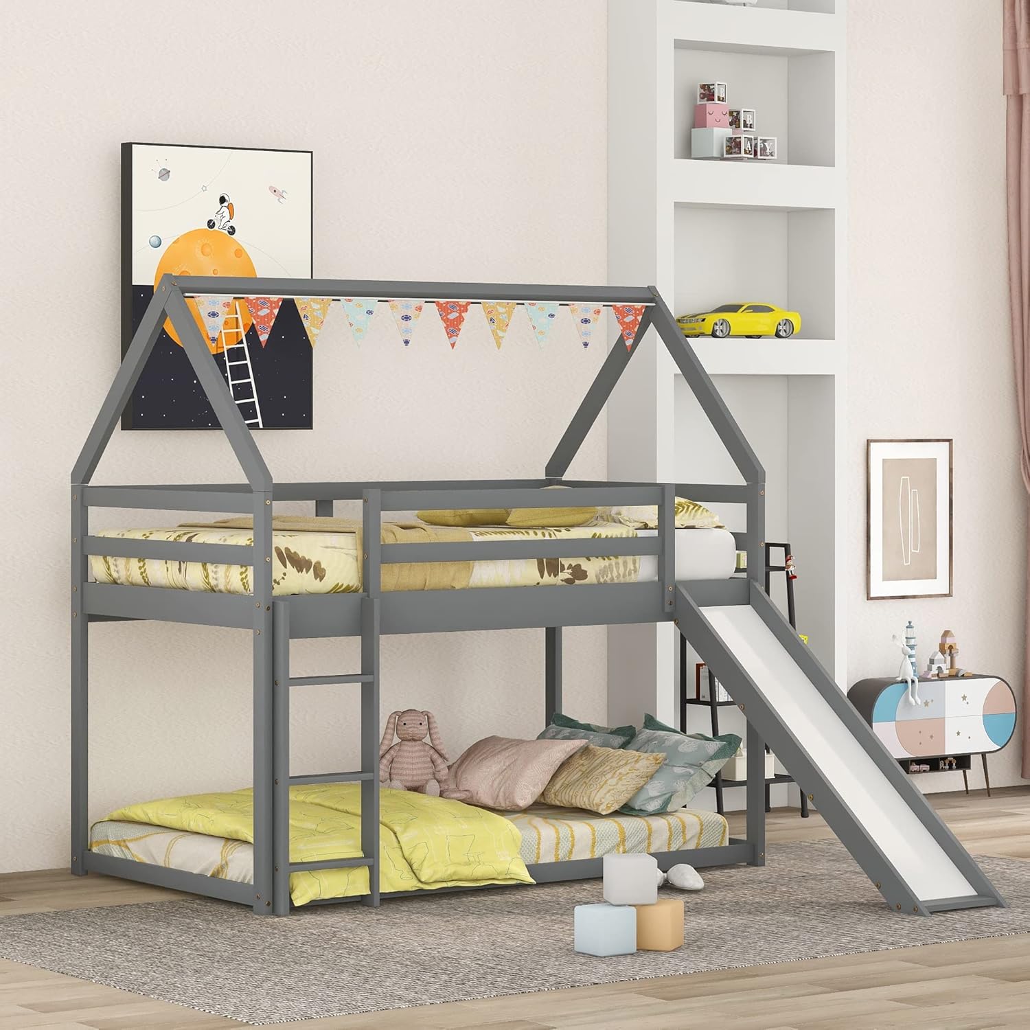 Bellemave House Bunk Beds with Slide Twin Over Twin Low Bunk Bed Wood Frame Floor Bunkbed for Toddlers Kids Boys Girls, Gray