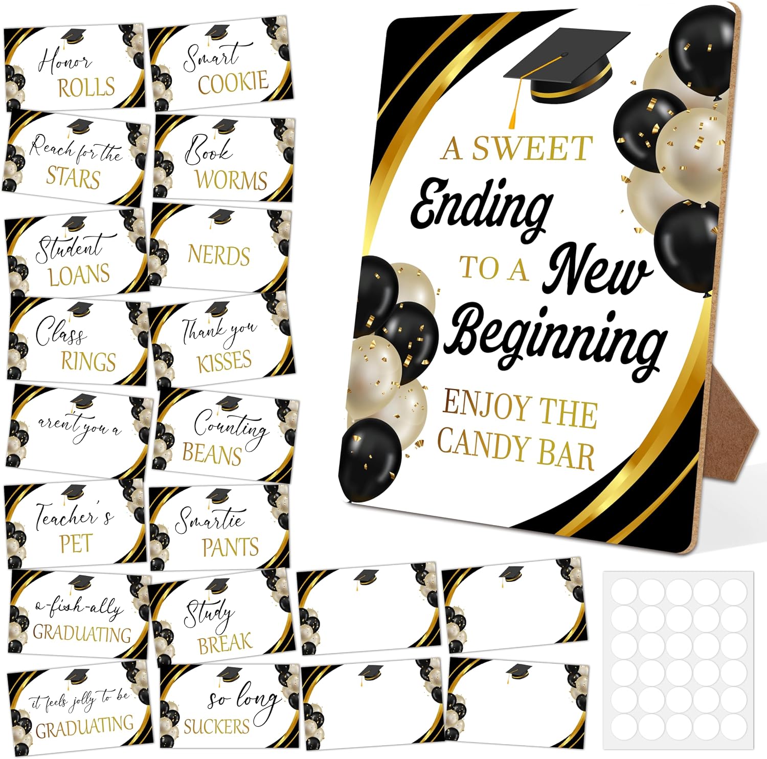 21 Pcs Graduation Candy Bar Signs, Sweet Ending New Beginning Candy Table Display Sets, Black Gold Graduation Party Food Dessert Buffet Labels, Class Of 2026 Grad Party Catering Supplies(A02)