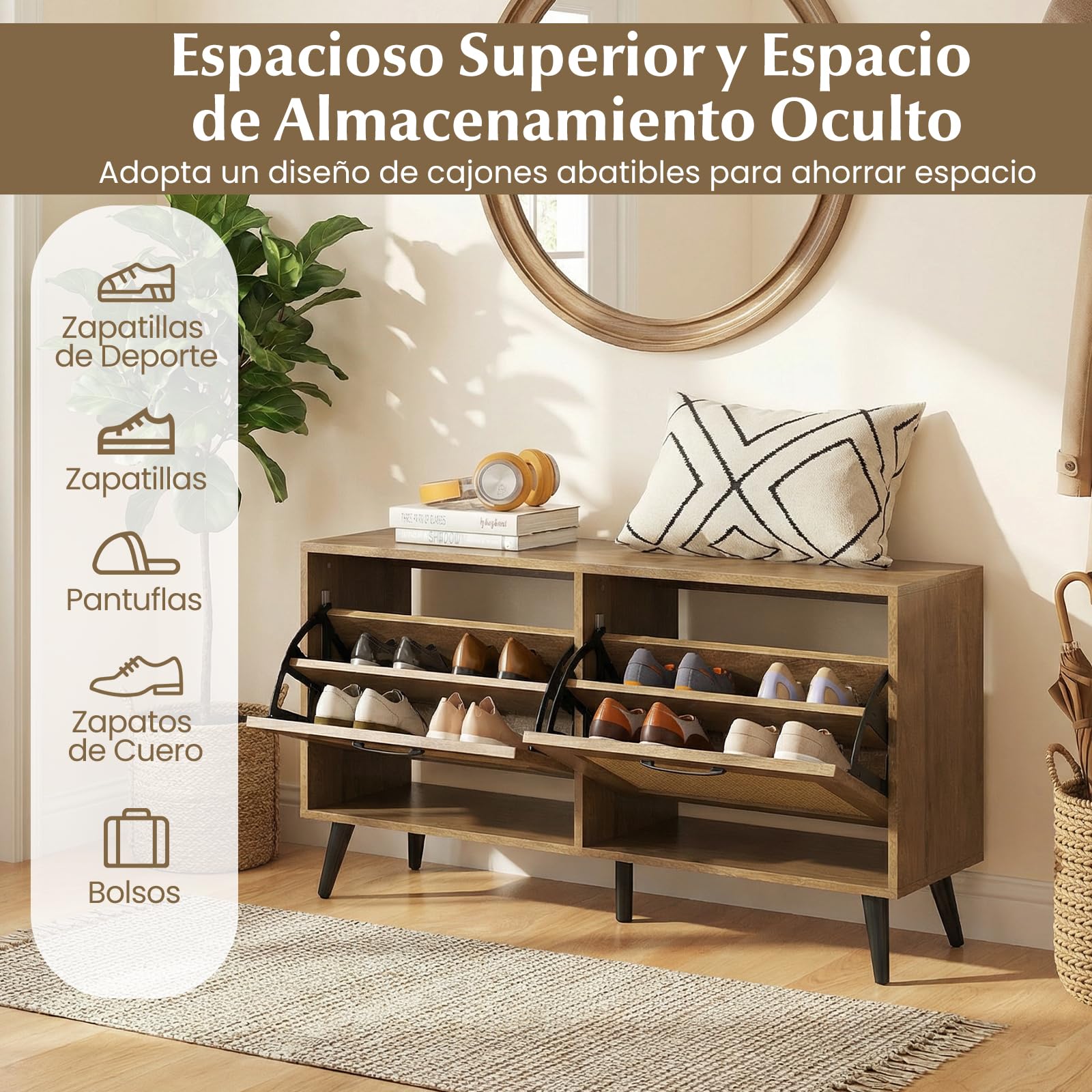 COSTWAY Armario Zapatero, Mueble Zapatero de Ratán con 2 Cajones Abatibles, Superficie Amplia, Estantes Ajustables y Patas de Metal, Entrada Pasillo Recibidor, 100 x 30 x 53 cm