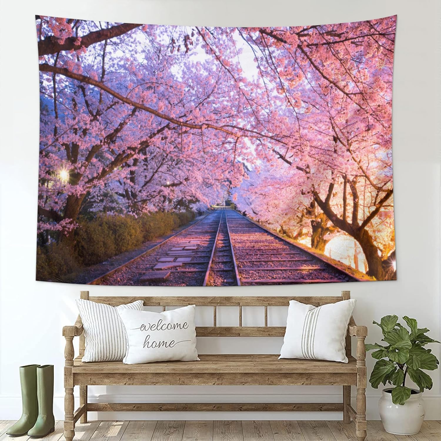 OSUNBD Japanese Anime tapestry Cherry Blossom Floral Mountain Railway Asian Art tapestry, Pink Sakura Nature Landscape Wall Hanging Tapestries for Bedroom Living Room Dorm Decor, 118X78 Inch Flannel