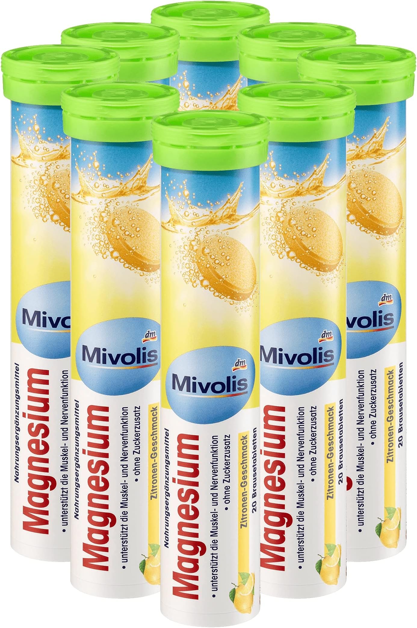 Mivolis Magnesium effervescent Tablets - Dietary Supplements 8 Tubes x 20 pcs | Germany