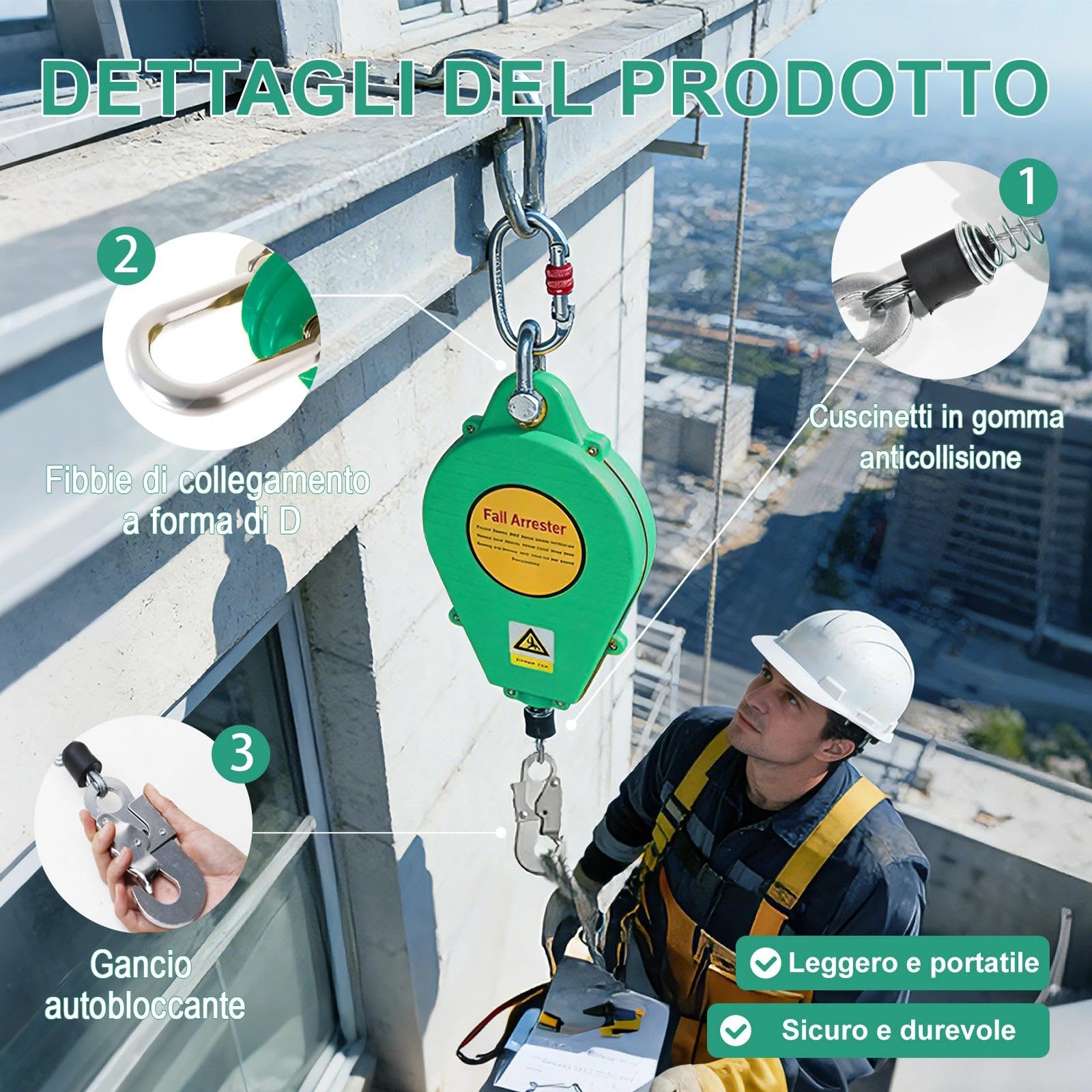 Dispositivo Anticaduta Retrattile 3-20M, Imbracatura di Sicurezza Anticaduta per Lavori in Quota, Funzione di Richiamo Automatico con Gancio Autobloccante per Tetto Edilizia(Verde,10m)