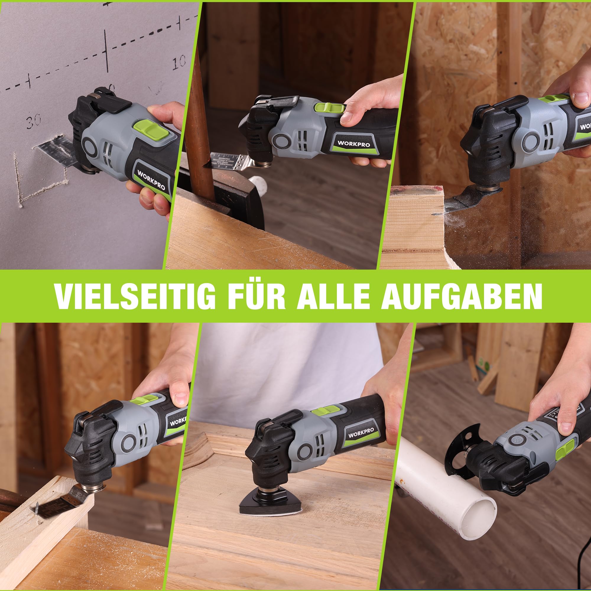 WORKPRO Oszillationswerkzeug, 400W Multifunktionswerkzeug mit 23 Zubehörteilen & Tasche, 6 Geschwindigkeiten (15000–22000 U/min), 3,5° Oszillationswinkel, Ideal zum Schneiden, Schleifen und Schaben