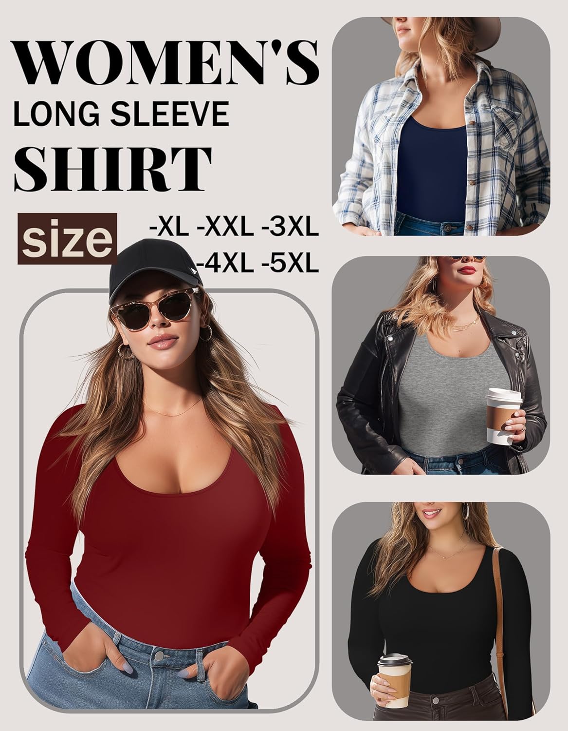 4 Pack Women's Plus Size Long Sleeve T-Shirts Scoop Neck Basic Tees Tops Casual Slim Fit Base Layer Undershirts - Image 2
