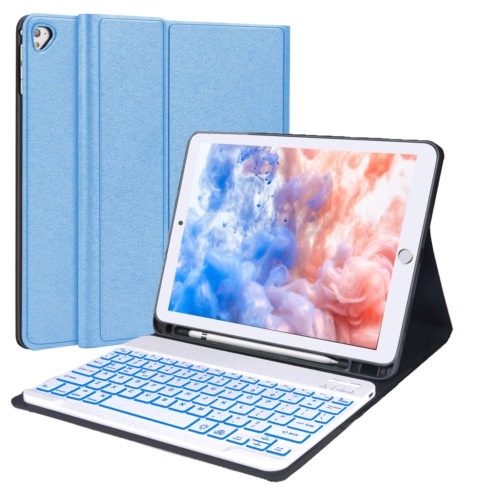 D DINGRICH iPad Keyboard Case for 6th Generation(2018) 9.7-inch, 5th Gen(2017), Air 2, iPad Pro 9.7, Protective Case with Pencil Holder, Backlit Detachable Keyboard, Auto Sleep/Wake,Silk Blue