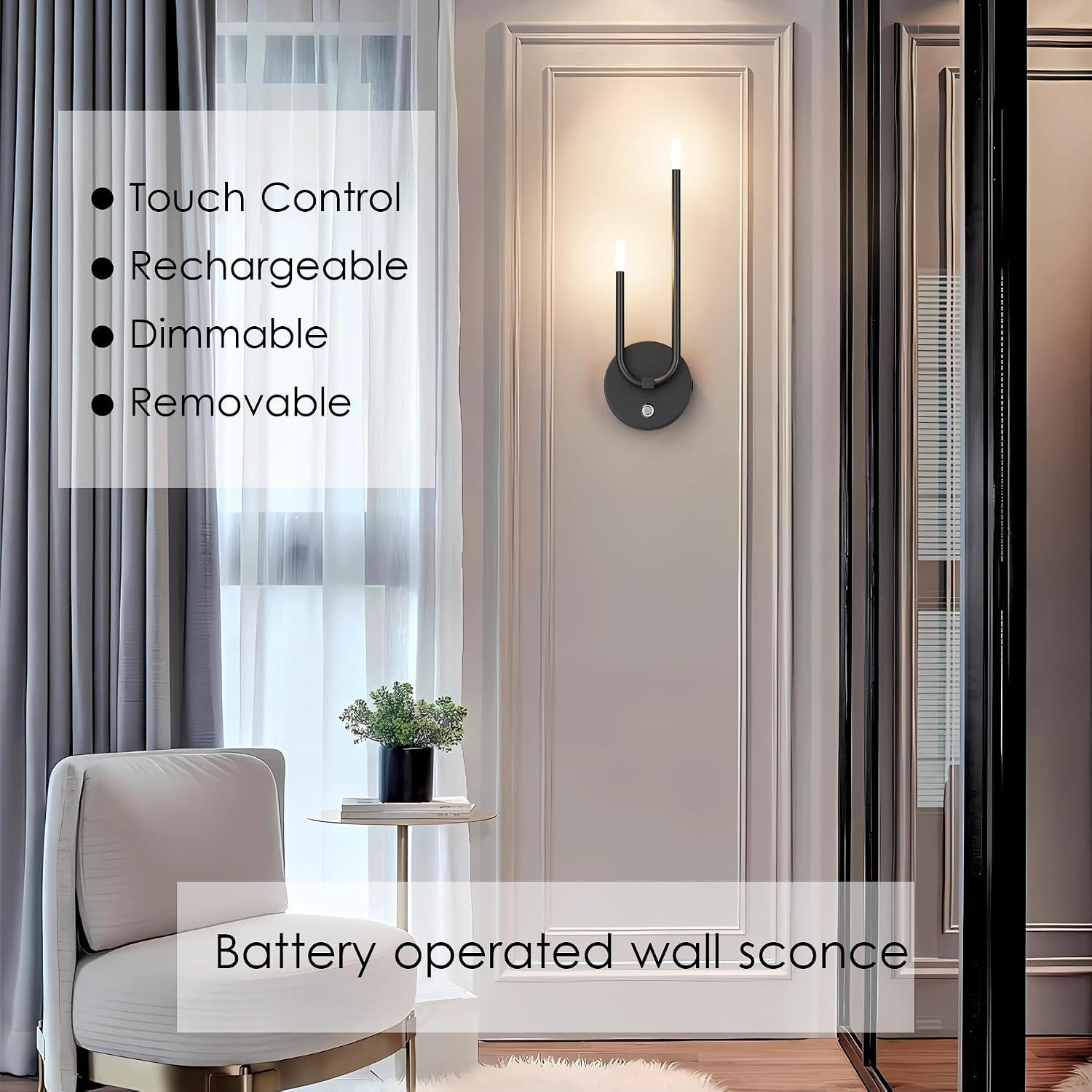 Aipsun Black Battery Operated Wall Sconce Set of 2, Modern LED Stepless Dimming Rechargeable Wall Sconce Indoor Wireless Wall Lights for Bedroom,Living Room,Hallway Warm Light 3000K