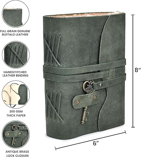 Miniatura 78 de Leather Village Diario, diseño de época, de cuero, unisex, papel tipo antiguo hecho a mano, cierre de llave estilo antiguo, libro de sombras, Verde
