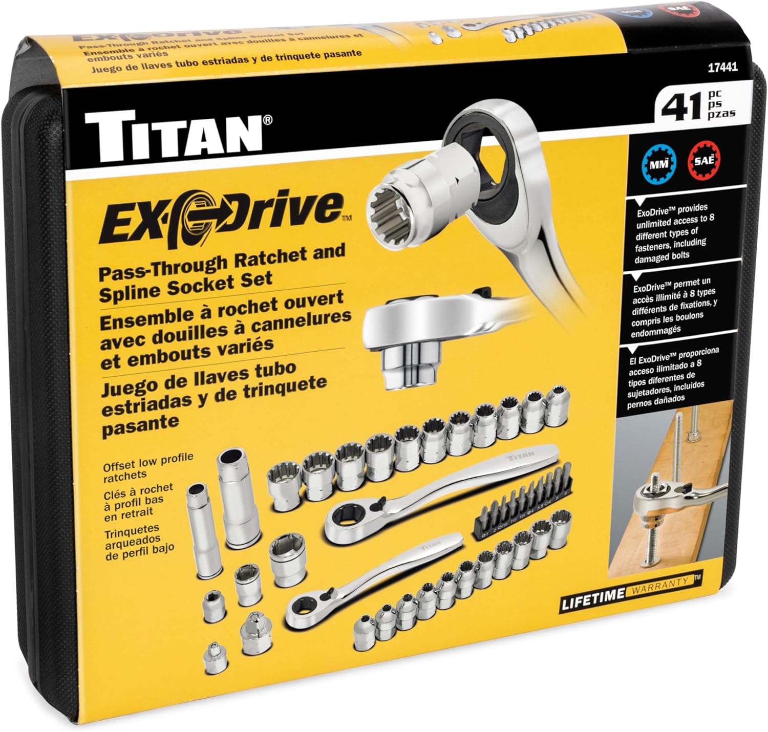 Titan 17441 1/4-Inch & 3/8-Inch Drive 41-Piece ExoDrive Pass-Through Ratchet and Socket Set, Pass-Thru Mechanics Tool Set
