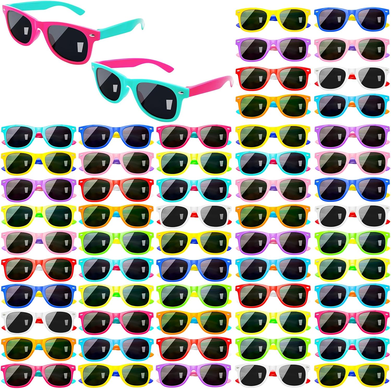 SUNOVELTIES 60 Pack Kids Sunglasses Bulk Toddler Classic Glasses Neon Colored Boy Girl Party Favors Outdoor Costume Eyewear