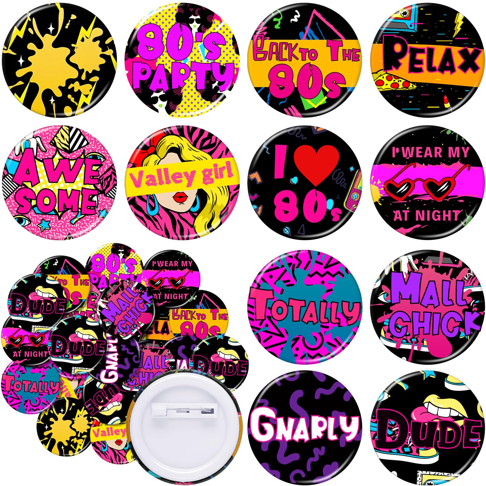 48 Pieces The 80’s Party Buttons for Backpacks Pins 1980's Theme Gnarly Rad Dude Wearable Accessories for Jean Jackets Buttons Pins Slogans Sayings Pin Lapel Pin for Clothes Jeans, 12 Styles