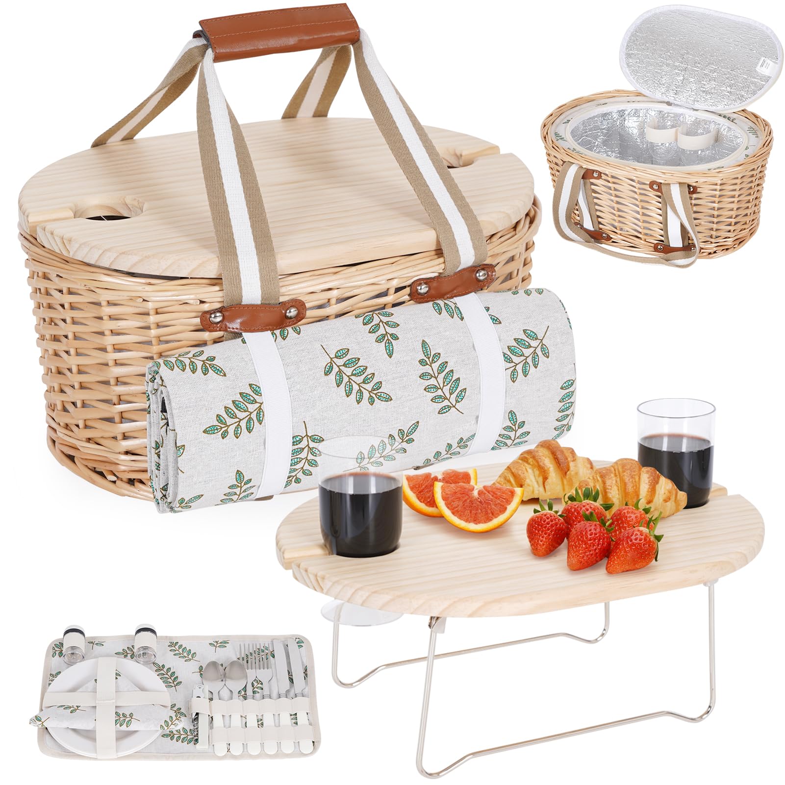Juego de cesta de picnic para 2 - Cesta de picnic aislada de mimbre con manta impermeable, mesa de picnic plegable para vino y juegos de cubiertos, juego de cestas de picnic para acampar, al