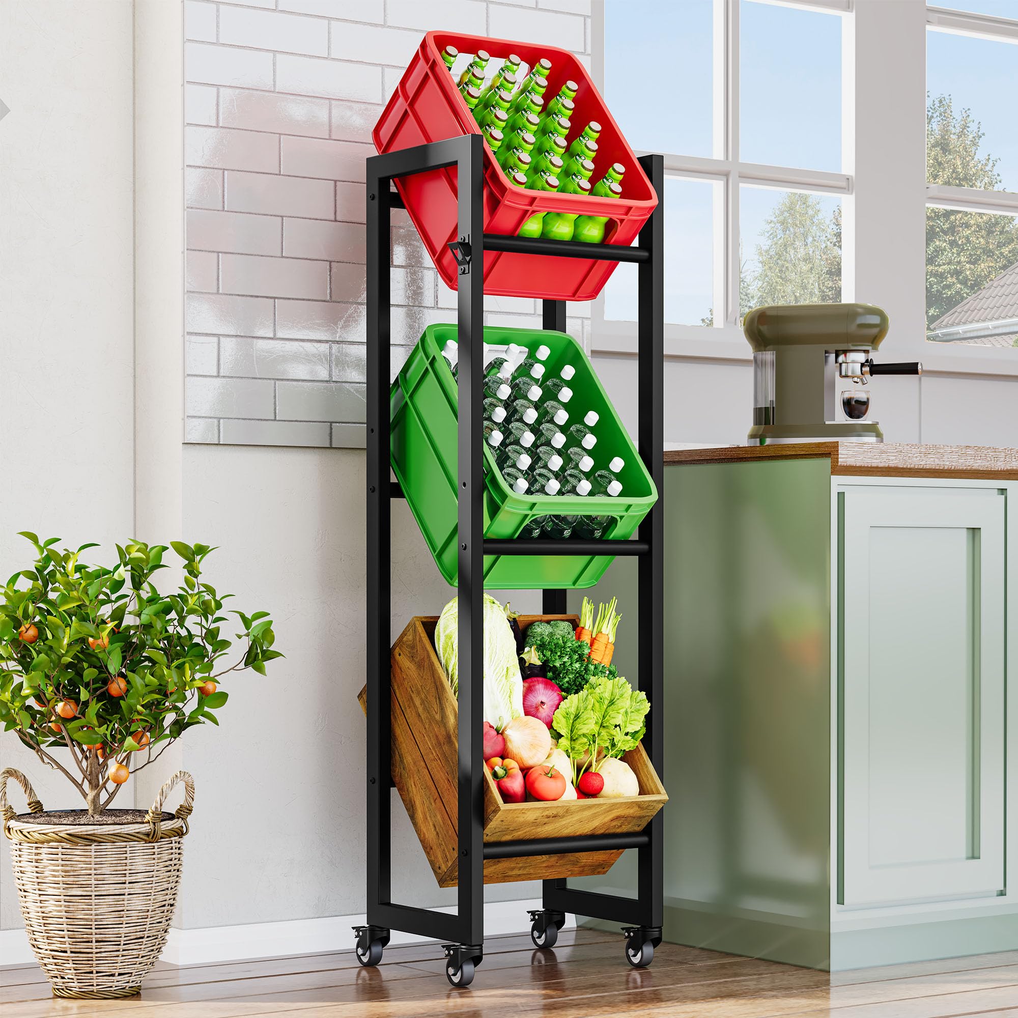 YITAHOME Getränkekistenregal 3 Kisten mit Rollen, verstellbaren füße, Öffner, Metall Kistenregal mit 3 Ebenen für Bier, Obst, Gemüse, Wasser, getränkeregal kisten Regal, Tragfähigkeit 360KG Küche, Haushalt & Wohnen