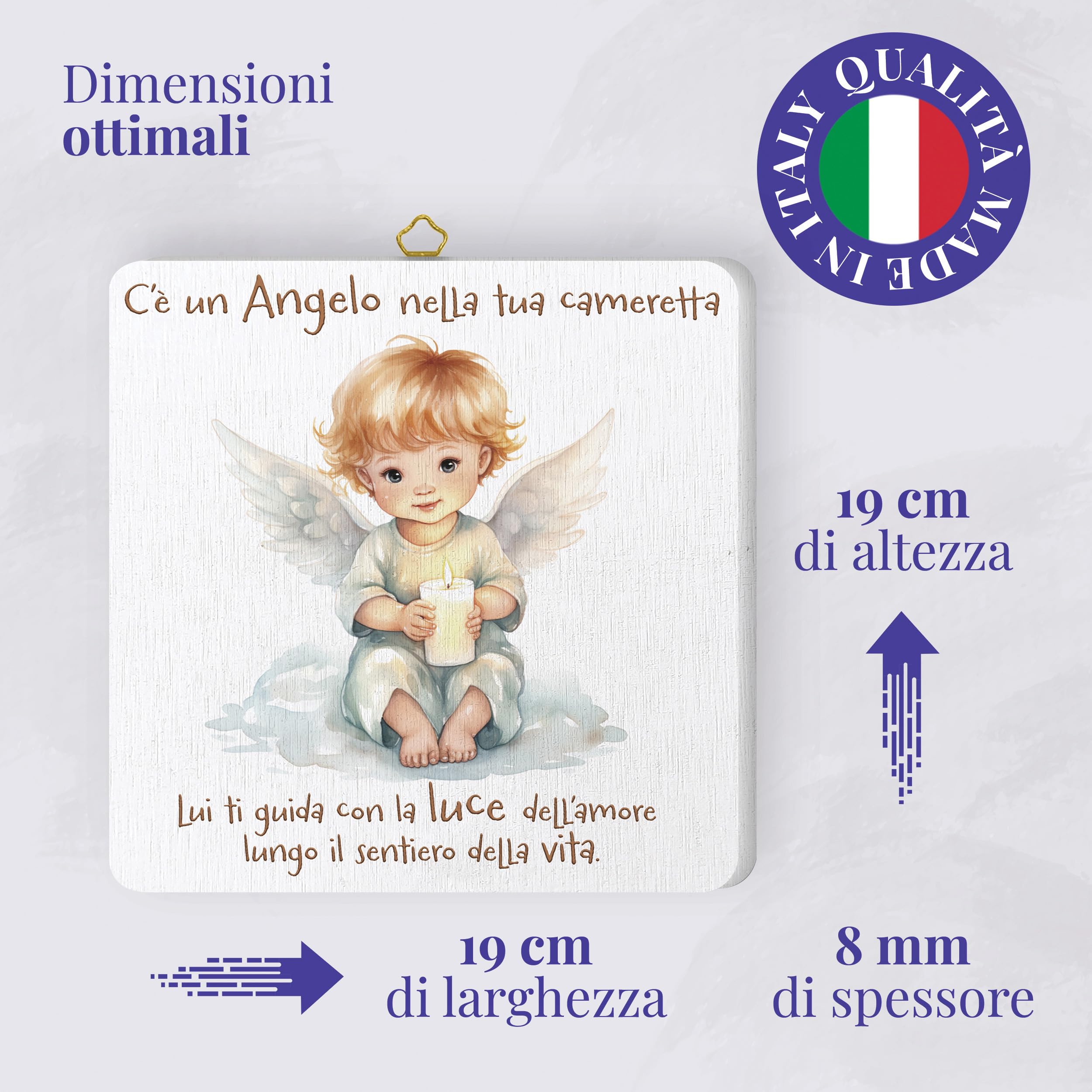 FRATELLI BONELLA - Quadro Angioletto con Candela per Bambini - Quadro in Legno 19x19 cm con Scatola Regalo - 100% Made in Italy
