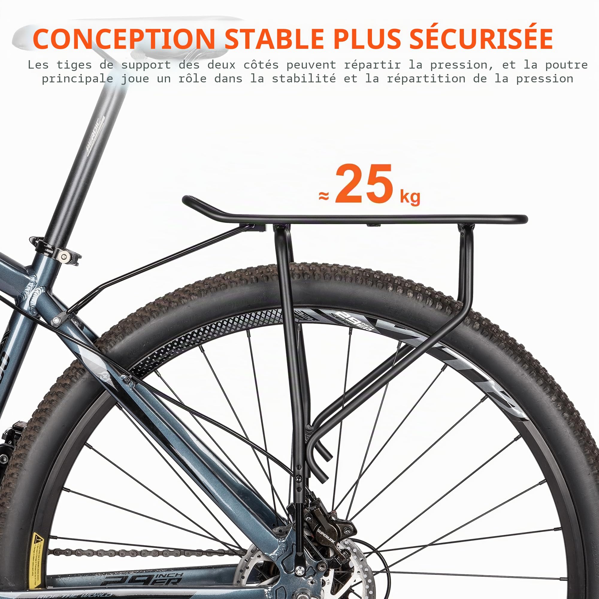 Porte-vélo arrière pour vélo - Porte-bagages compatible avec système MIK, porte-bagages pour freins à disque/non freins à disque, hauteur réglable pour châssis 26"-29"