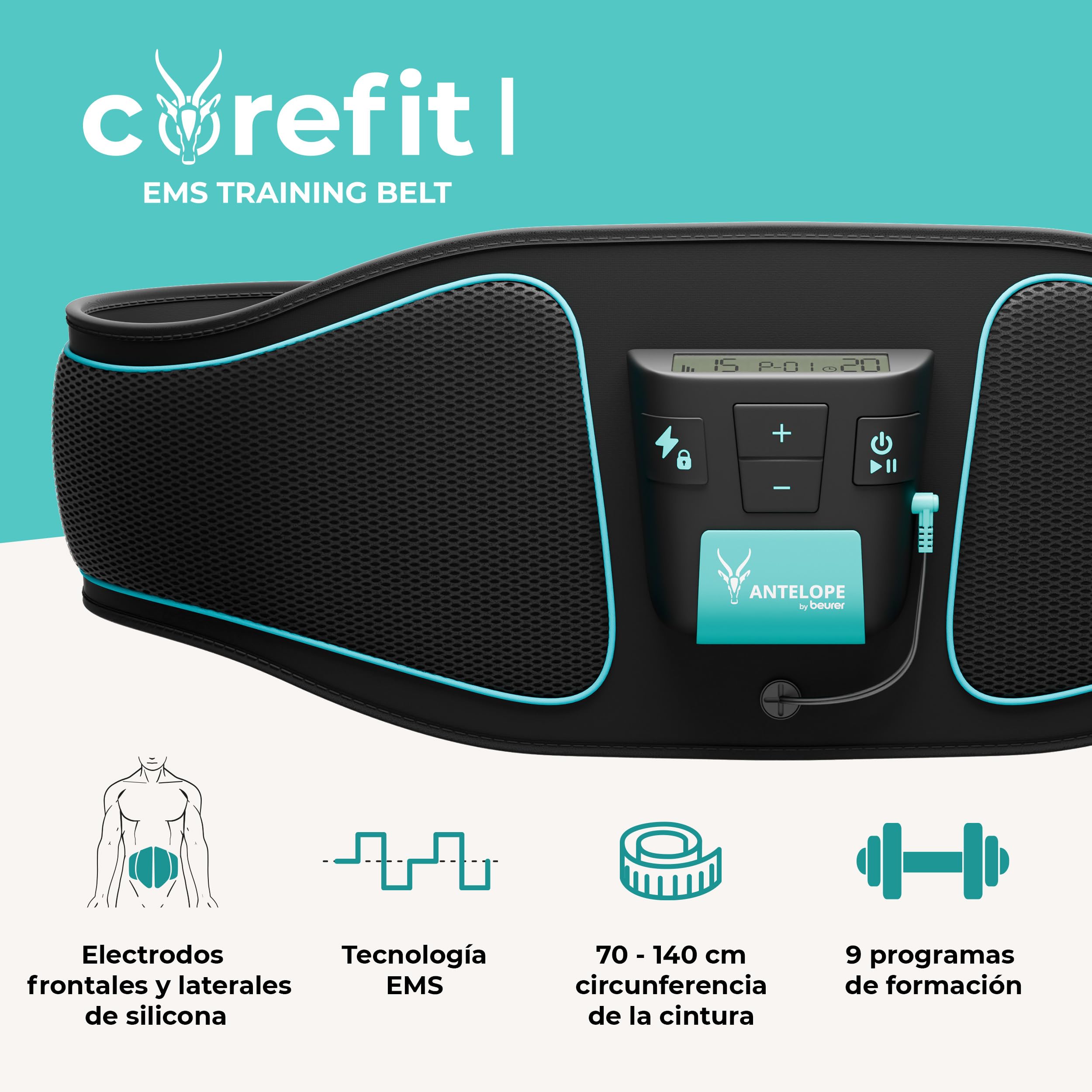 Beurer Antelope Corefit I EMS cinturón de entrenamiento, la estimulación de los músculos abdominales, para la construcción de músculo, 9 programas de entrenamiento, 4 electrodos