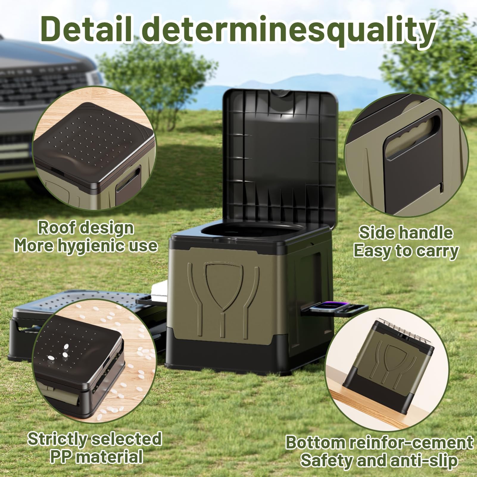 Inodoro portátil de camping con soporte para teléfono y bolsas de basura, inodoro de viaje de emergencia para adultos, ideal para autocaravanas y viajes de pesca