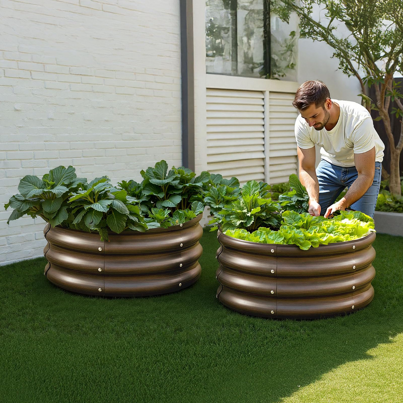 VEVOR Cama Elevada de Jardín 600 x 290 mm Redonda 3 Piezas, Jardinería Elevada de Metal con Base Abierta para Cultivo de Flores Plantas Hierbas Huerto con Accesorios para Jardín Terraza Patio Balcón