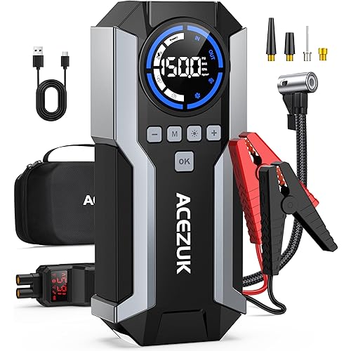 Jump Starter with Air Compressor, 8000A 150PSI Car Jump Starter (All Gas/12.0L Diesel), 12V Battery Jump Starters, Portable Jumper Cables, LCD Display and LED Lights