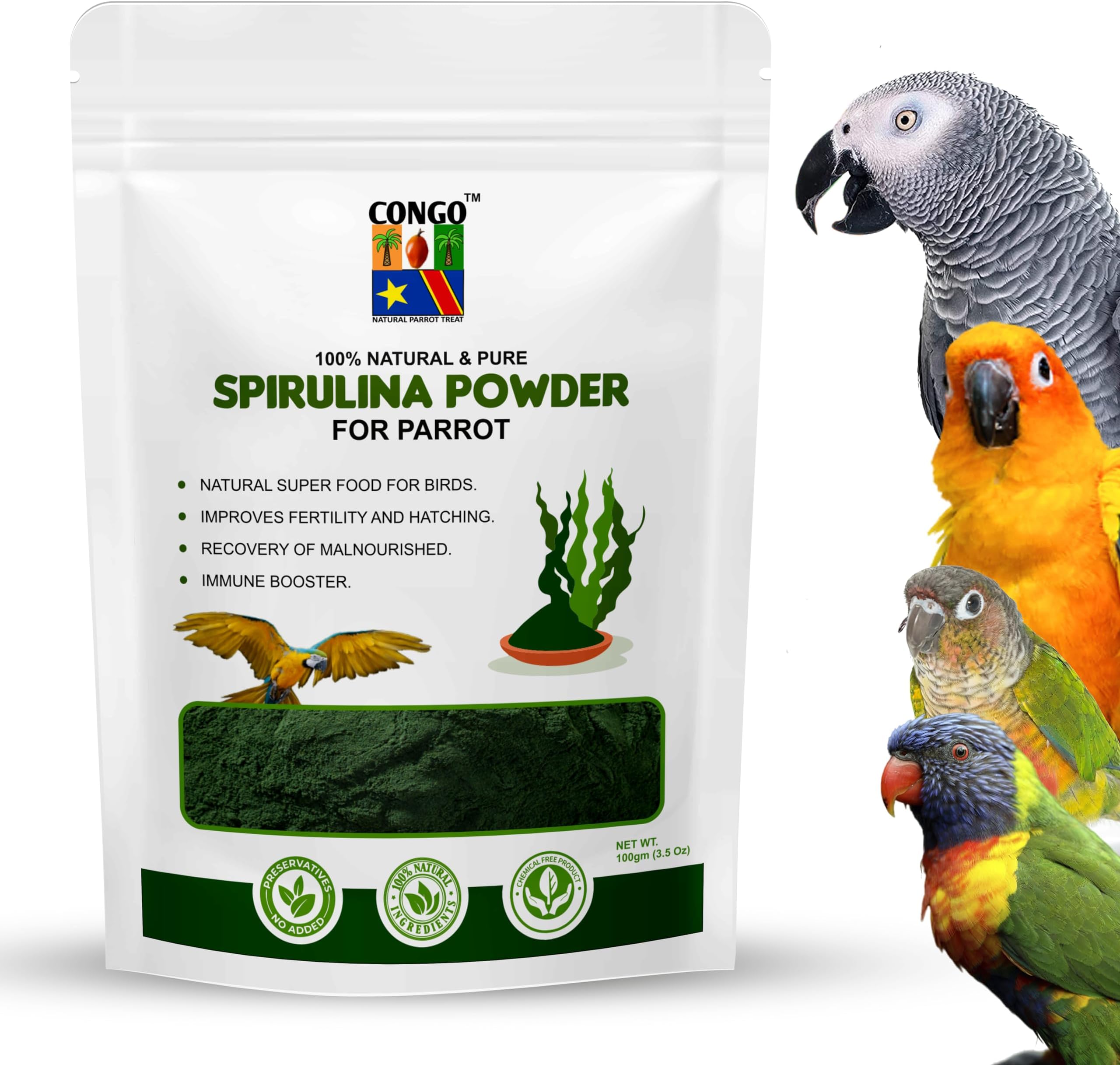 CONGO Natural Parrot Treat 100gm Spirulina Powder for Healthy Wing & Feather for Budgies, Lovebirds, Cockatiels, Conure, Senegal, Amazon, African Grey, Macaw, Cockatoo and Other Birds, 100gm