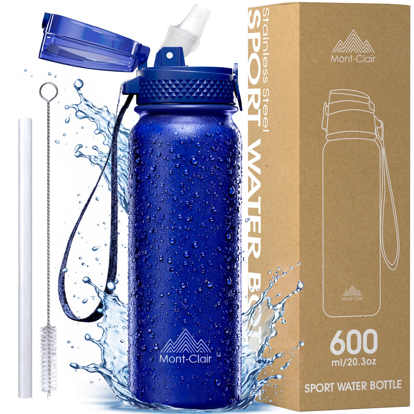 Mont-Clair 600ml - 20oz Stainless Water Bottle with Straw - Gym Water bottle for Women & Men - Double Wall Insulated - Patented Leakproof Lid Design - Keep Drinks Cold & BPA Free - Dark Blue