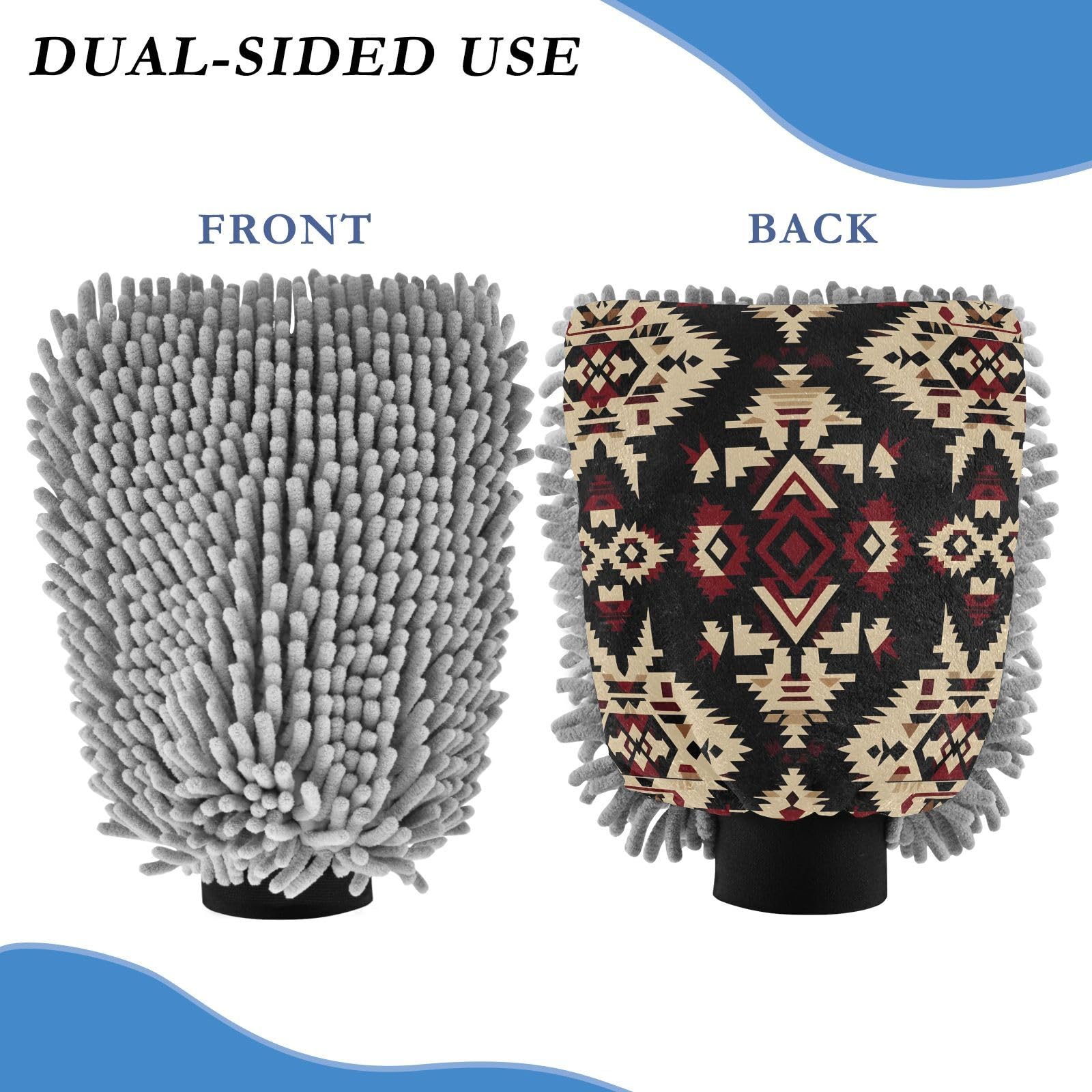 Flradish 2 Pack Traditional Tribal Texture Car Wash Mitt Chenille Microfiber Lint-Free Scratch Free Ultra-Soft Absorbent Car Wash Mitt 11.8x8.07 Inch