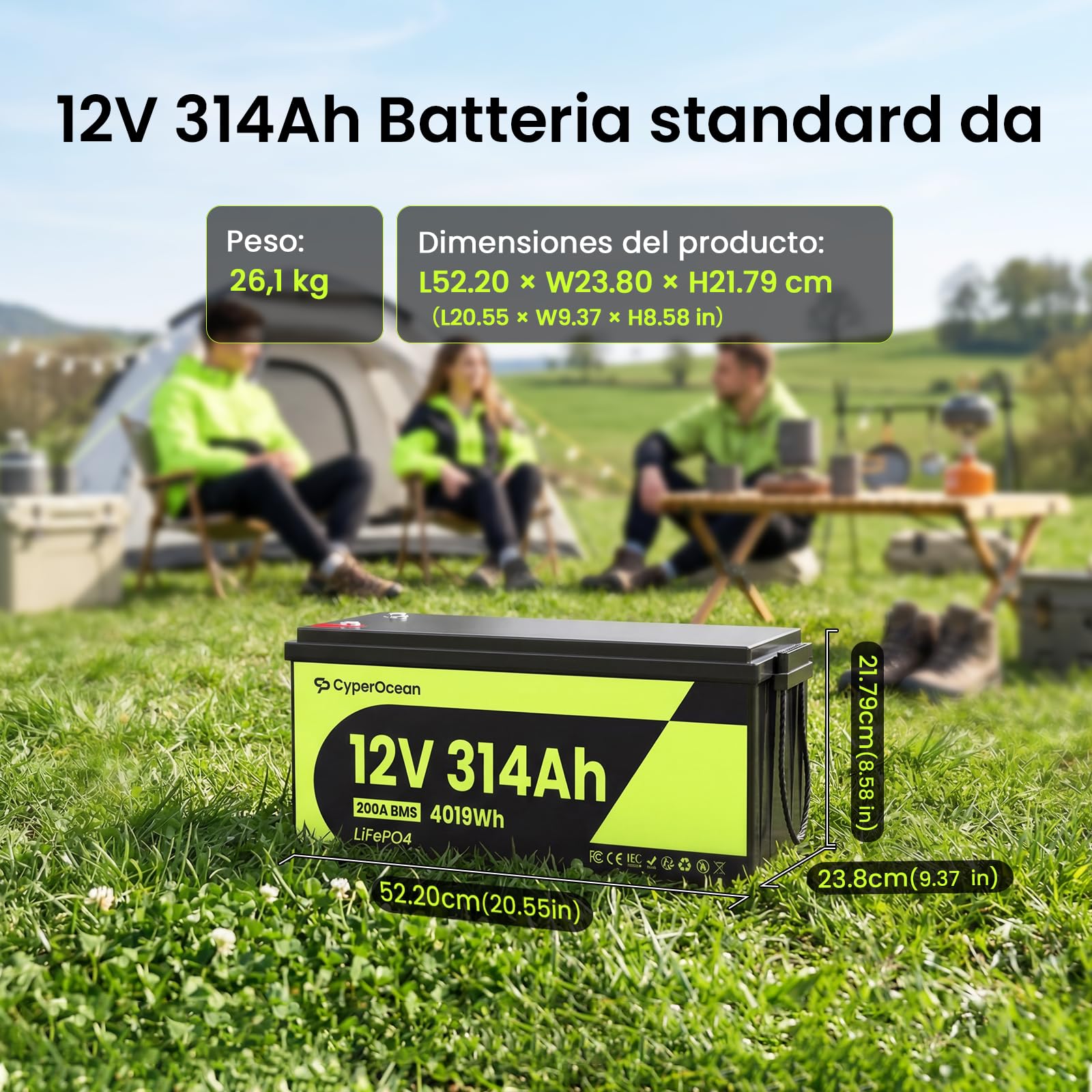 Batteria al Litio LiFePO4 12V 314Ah, Accumulatore Deep Cycle 4019Wh con Sistema BMS 200A, Celle Premium Grade A, Lunga Durata 6000+ Cicli, per Camper, Fotovoltaico, Barca, Off Grid Riserva