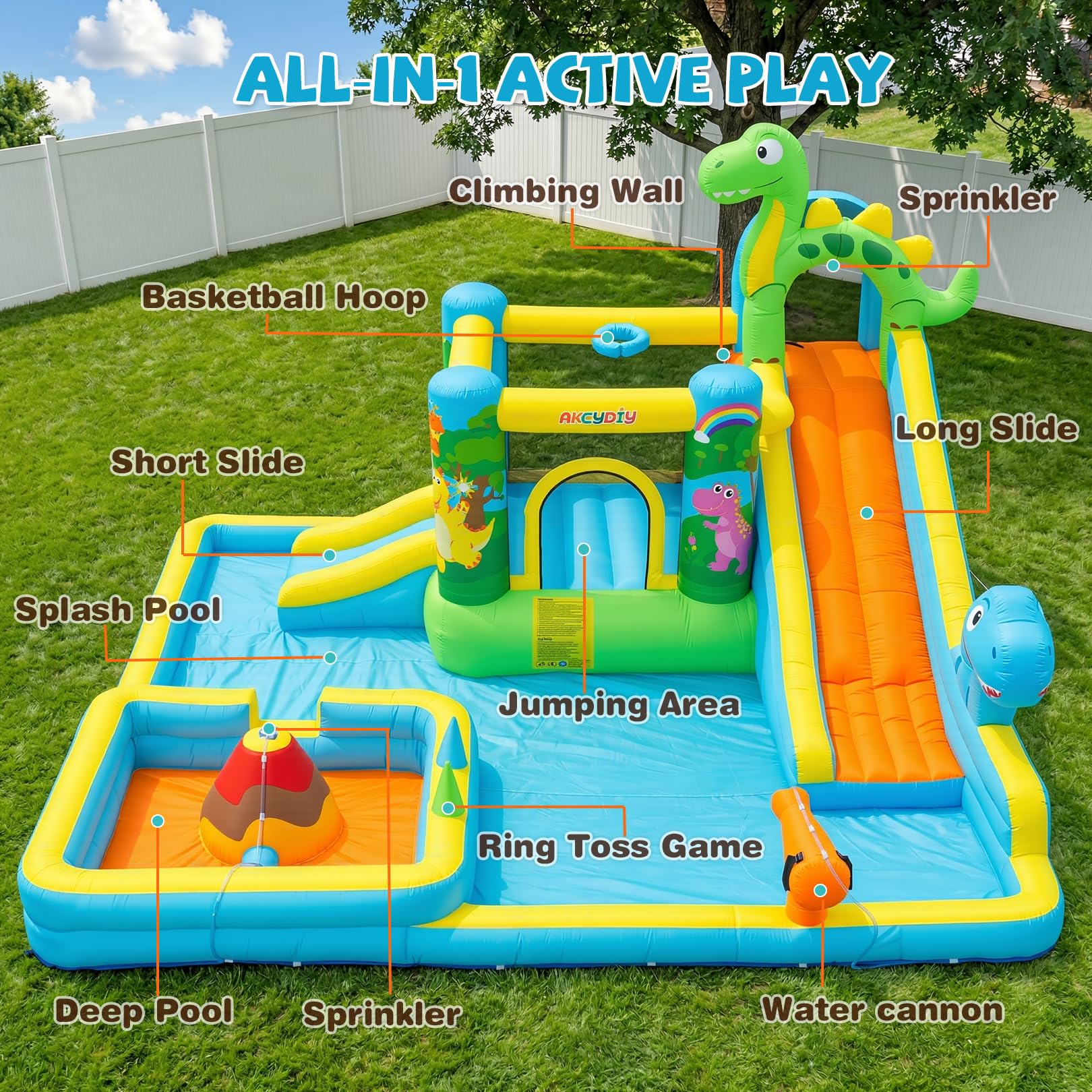Tobogán acuático Inflable Castillo Hinchable con soplador para niños de 3 años + años, tobogán seco/acuático, Dinosaurios con 2 toboganes, Piscina Infantil y Piscina, Canasta de Baloncesto, cañón de