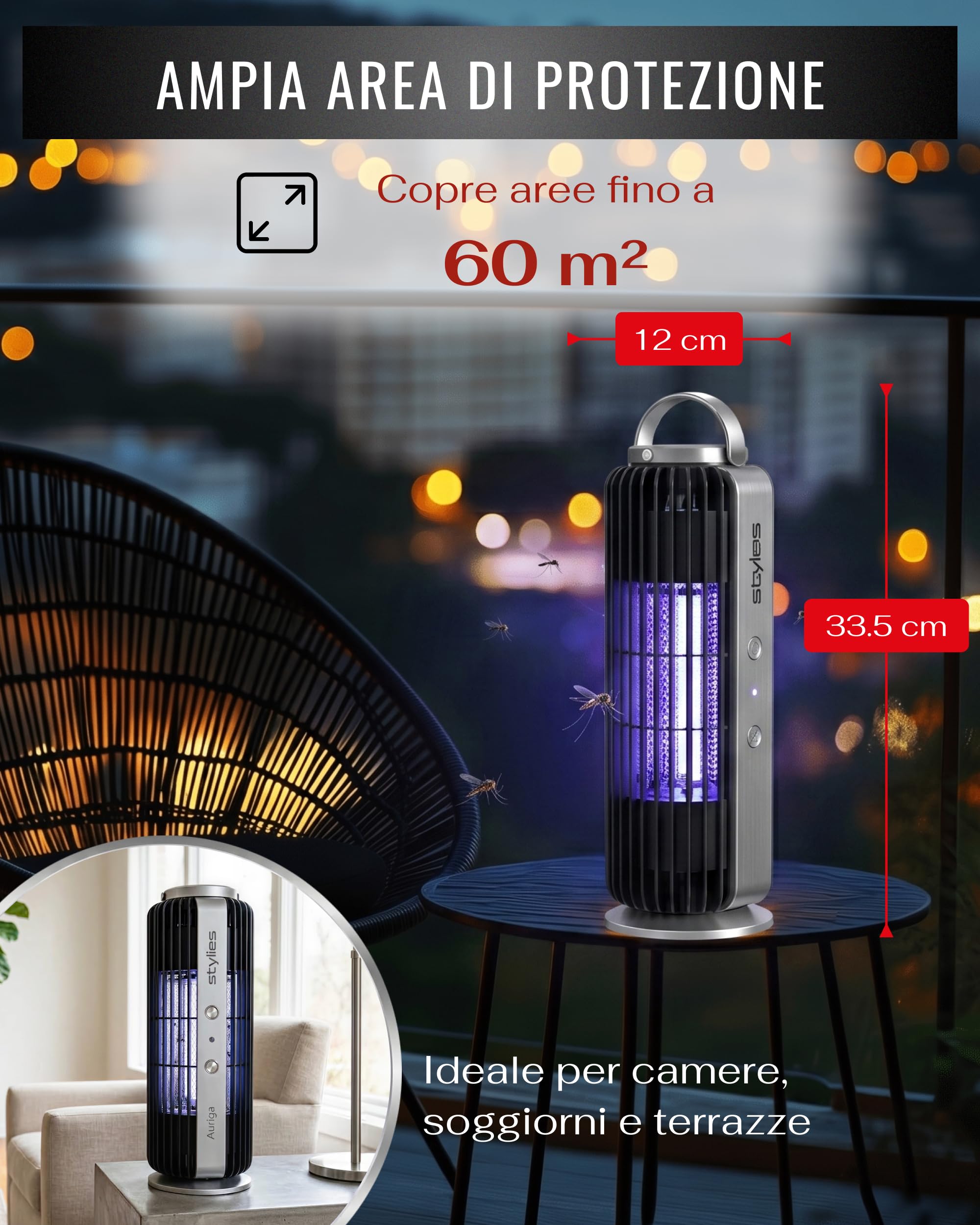 Auriga Lampada Antizanzare Elettrica con Elettroshock e Aspirazione | 8 W con sensore di luce automatico, per interni fino a 60 m²; da appoggio, parete o sospesa, con vaschetta removibile.
