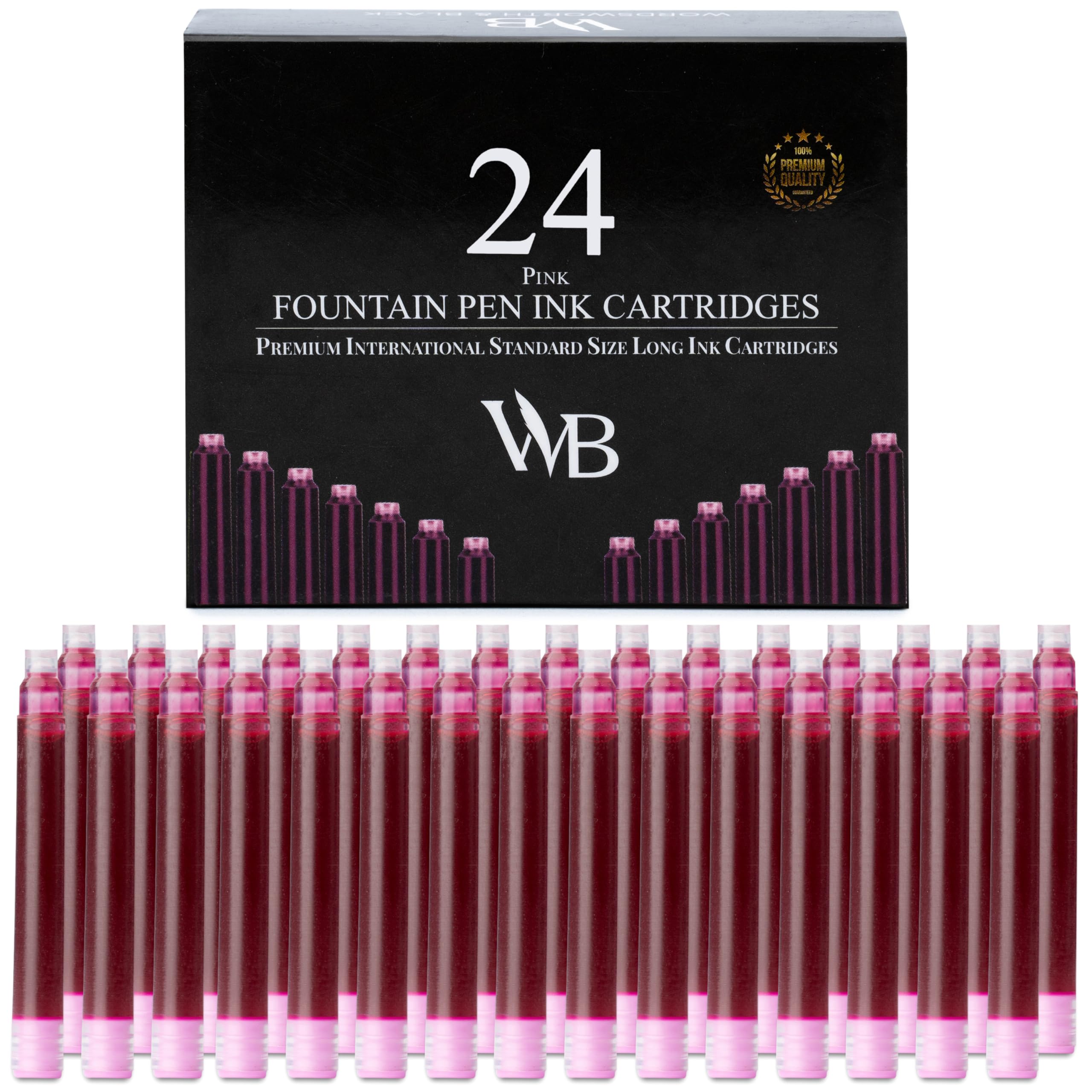 Wordsworth & Black 24 Pack Fountain Pen Ink Refills, Set of 24 Pink Ink Cartridges, International Standard Size